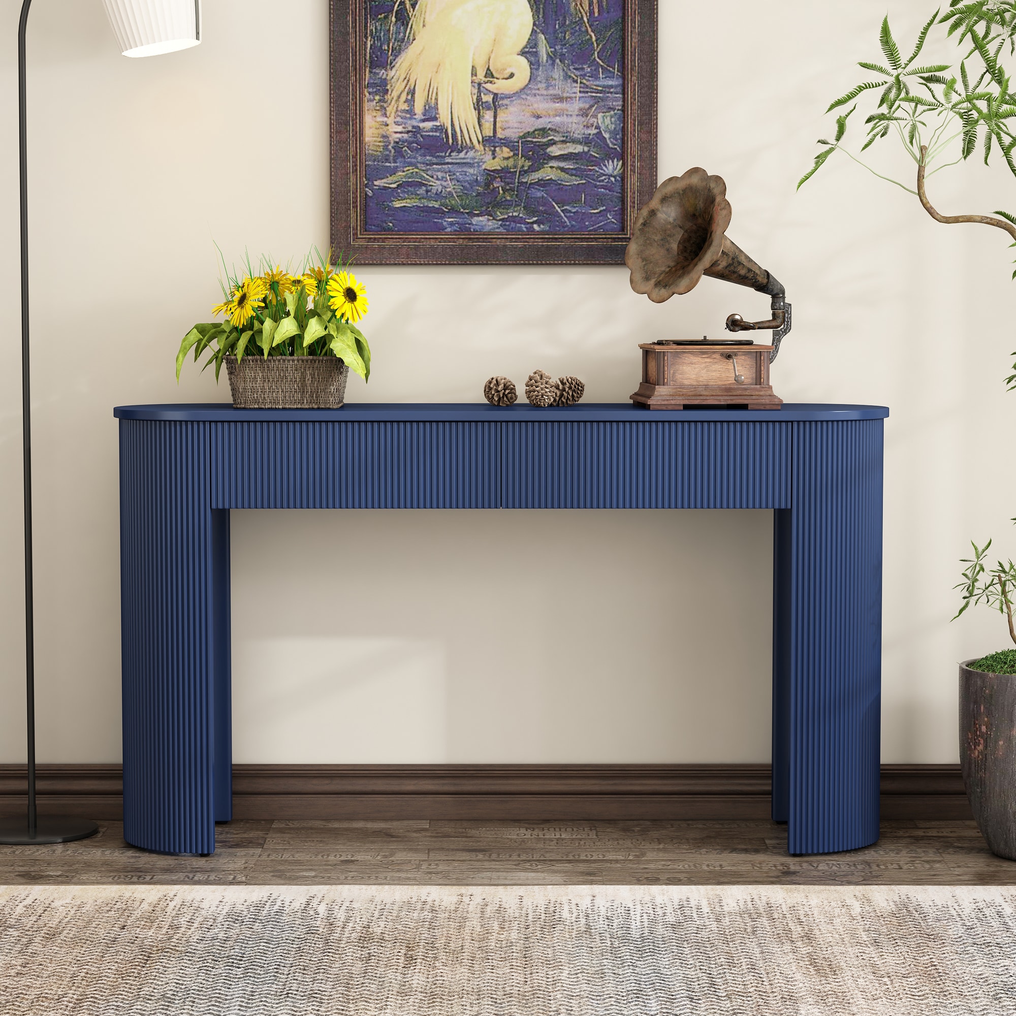 ModernLuxe N715P233435M Entryway Table with Fluted Design Modern Console Table with Storage Oval Top and 2 Drawers for Entryway and Living Room Navy