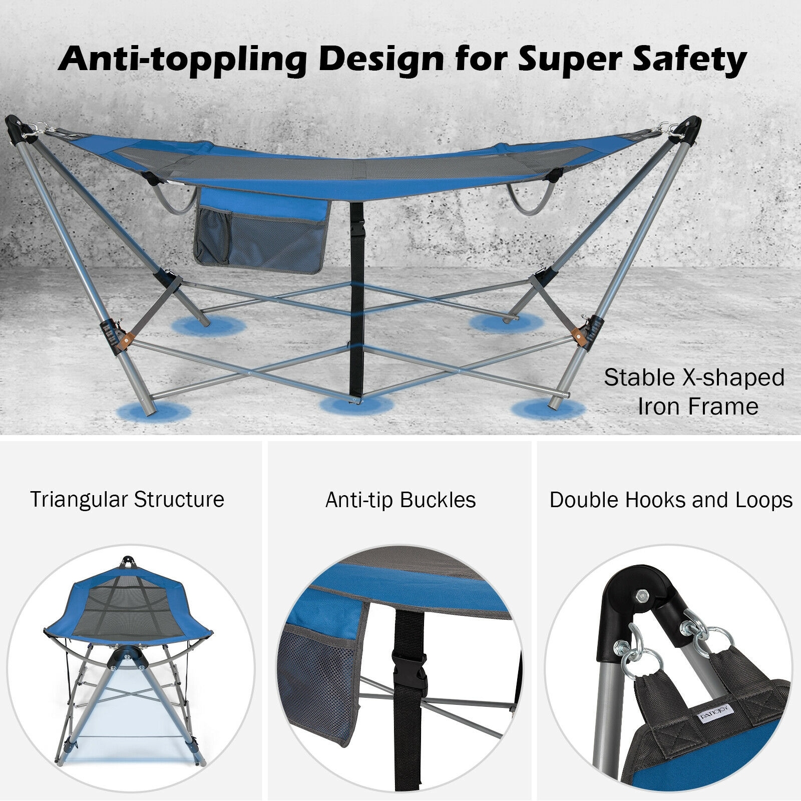 Blue Folding Hammock with Iron Stand and Side Pocket