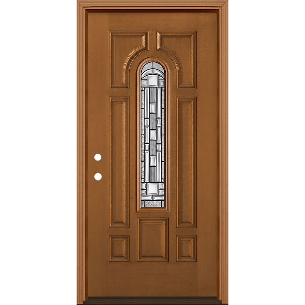 Masonite 3421130 Naples 36-in x 80-in x 4-9/16-in Fiberglass Center arch lite Right-hand inswing Woodhaven Stained Prehung Single door Front Door with Brickmould Insulating core Decorative glass