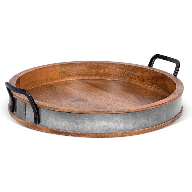 Birdrock Home Wooden Serving Tray, Large Round Metal Tray With Handles