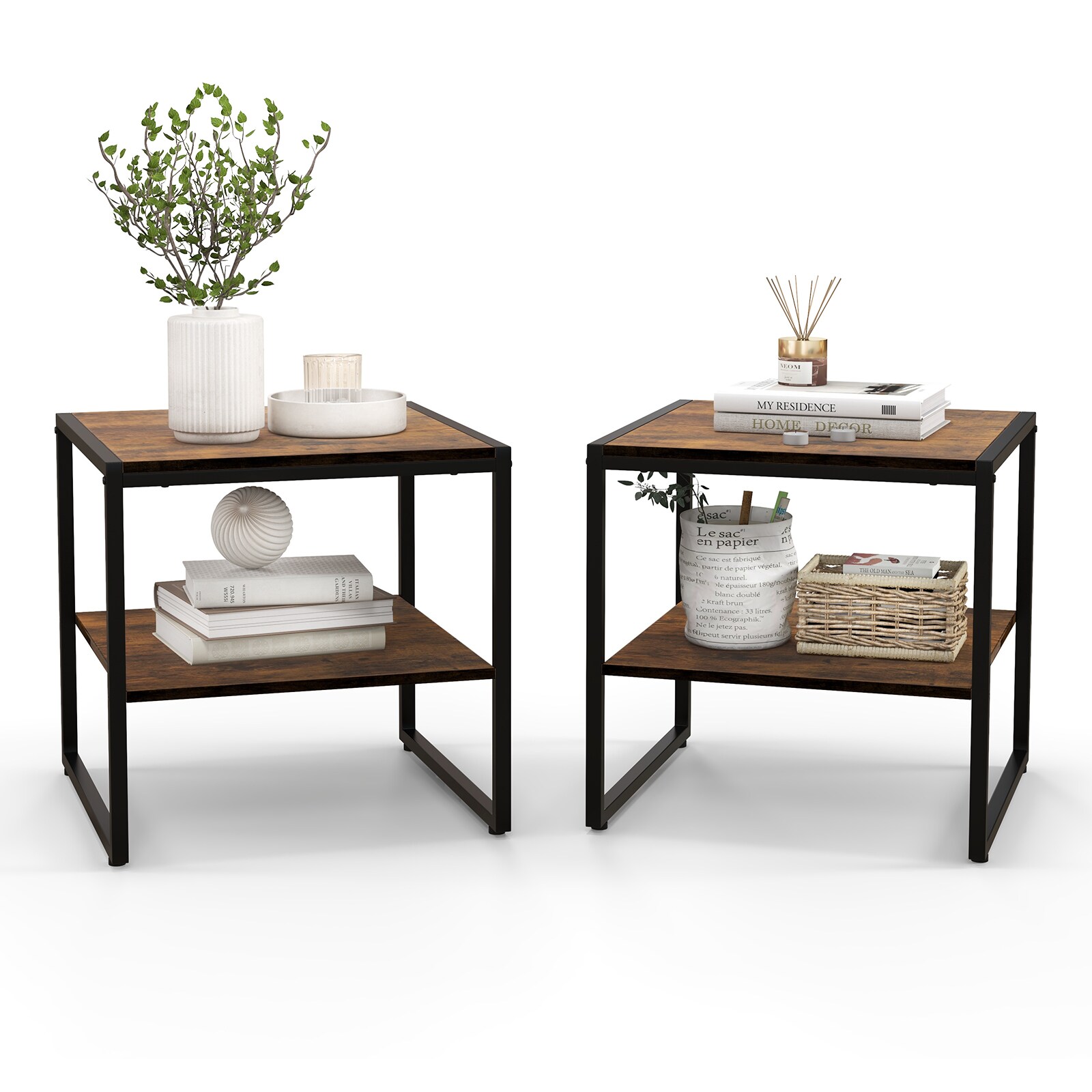 Slickblue D-CO-2-FC39701VJ Set of 2 End Tables 20W x 20H Rustic Brown Engineered Wood Square Industrial End Table With Shelf for Living Room or Bedroom