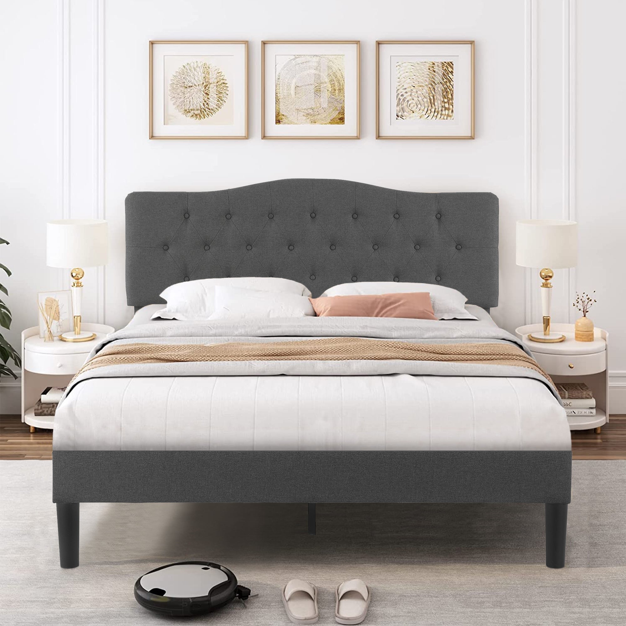 Vecelo LOE-BTJ-RF04 Full Size Bed Frame Upholstered Platform with Adjustable Headboard Easy Assembly