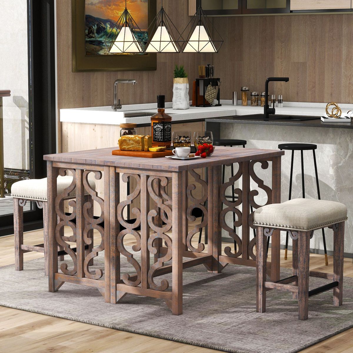 JASMODER ST000044AAE 3-Piece Retro Dining Set Solid Wood Counter Height Pub Set Fordable Table With 2 Saddle Stools For Kitchen, Small Space (Distressed Brown)