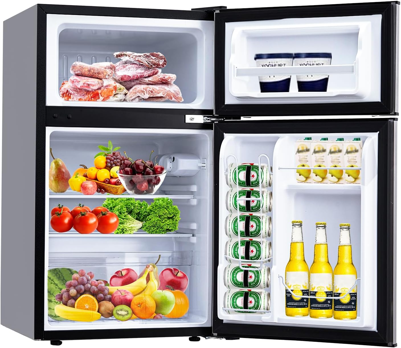 Qeetex FRI-PHO105XE8VY 3.2 Cubic Feet Mini Fridge With Freezer Two Door Compact Freezer On Top Design Adjustable Shelves Seven Level Temperature Control Quiet Energy Efficient And Space Saving Black
