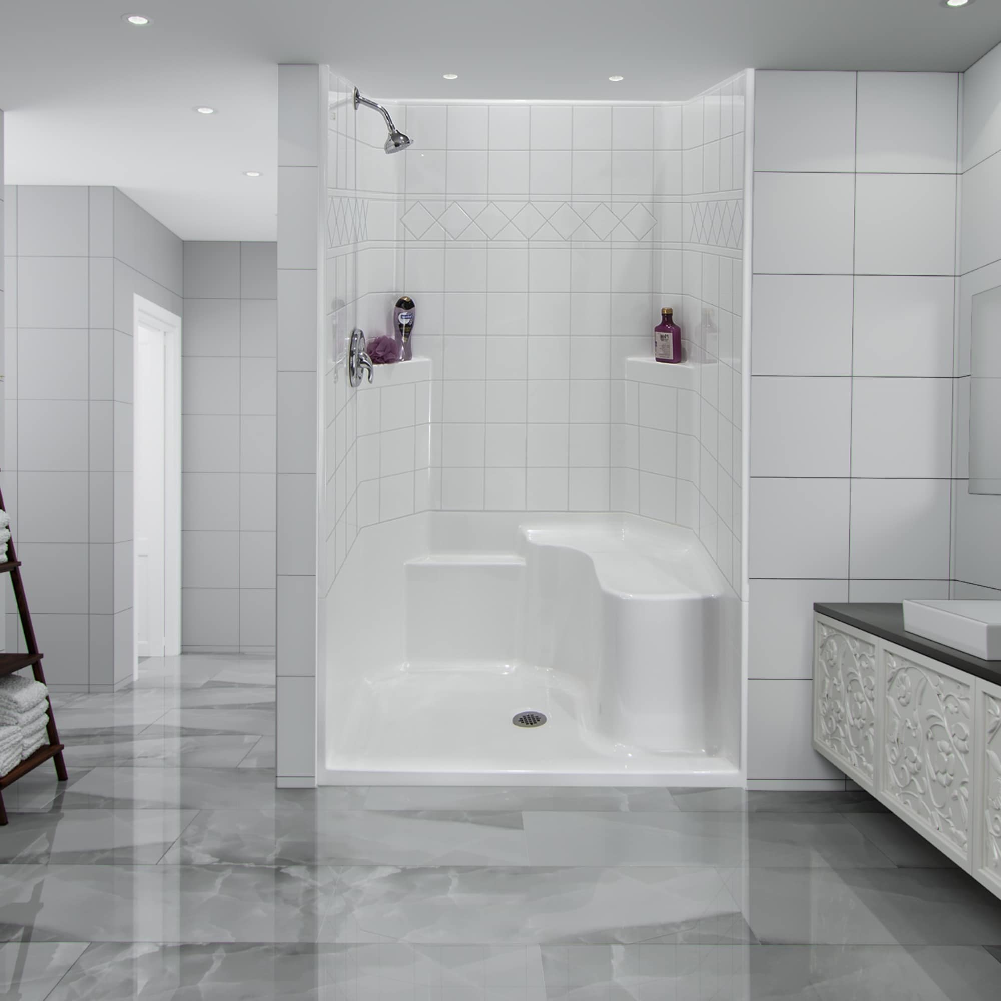Laurel Mountain LM3648SH1SBR064 Blaine 36-in W x 48-in L x 80-in H Rectangular One-piece shower kit ( Center Drain) with Integrated Seat Base and Wall Included