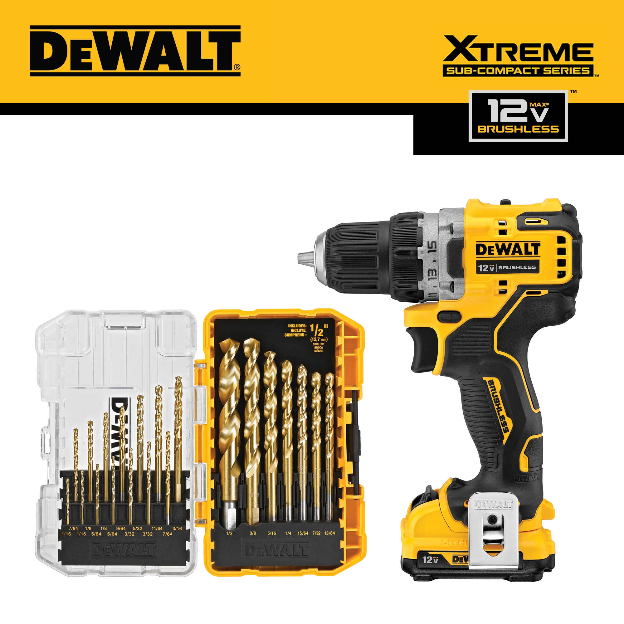 DEWALT XTREME 12-volt Max 3/8-in Brushless Cordless Drill (2-Batteries  Included and Charger Included) & 21-Piece Assorted x Set Titanium Twist  Drill