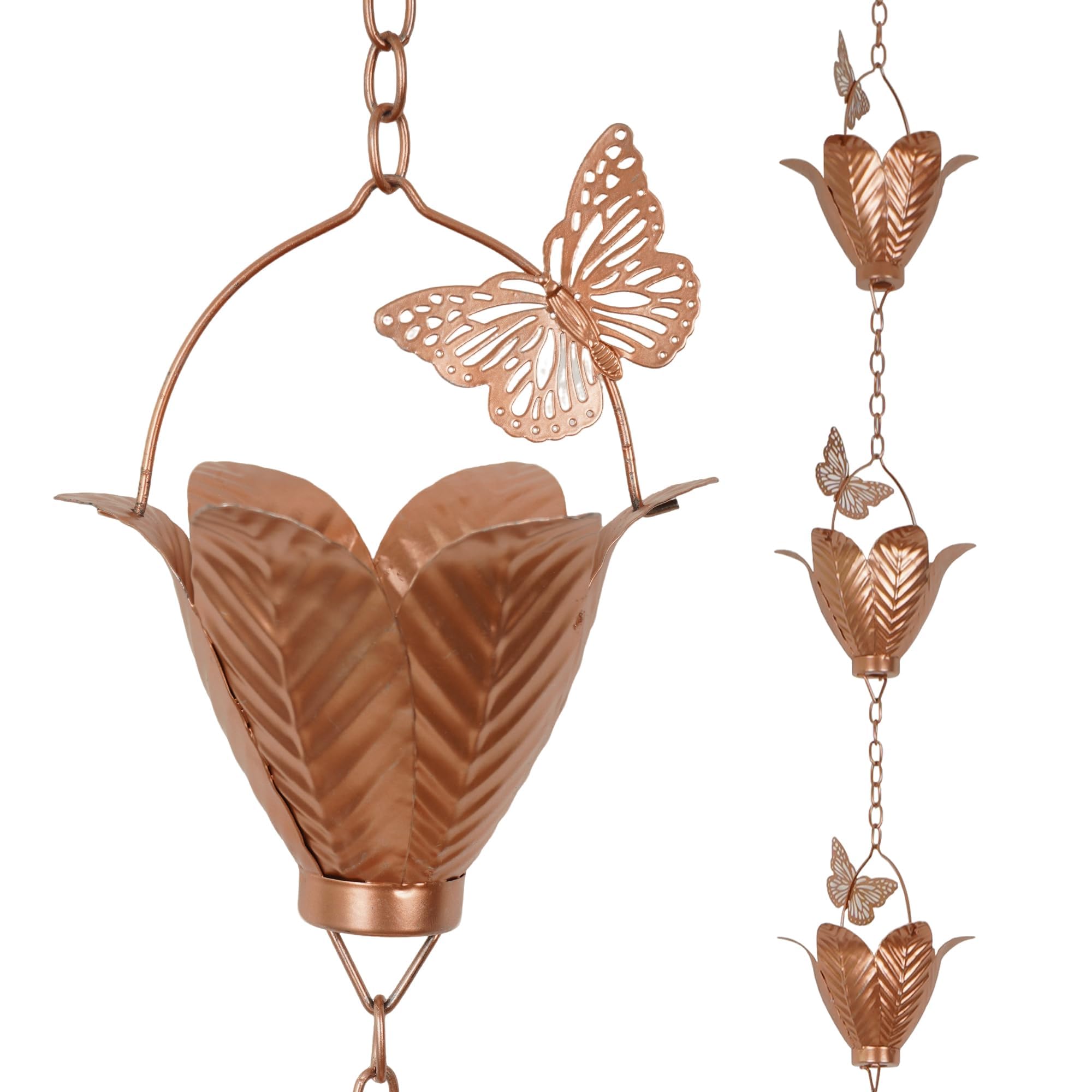 Adrinfly  8.7 FT Rain Chain Iron Butterfly Gutter Chains with 10 Thick Iron Flower Cups for Garden Decoration durable home and garden accessory