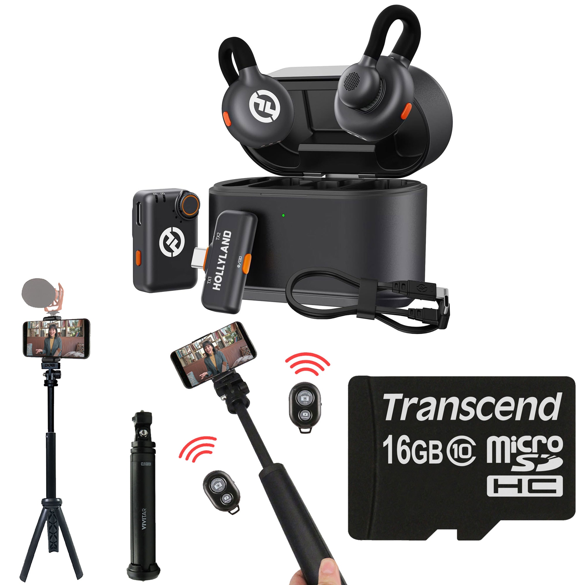 Hollyland  LARK M2S Combo 2Person Wireless Microphone System with USBC to Lightning  Universal Compatibility  Space Gray 13 Inch Foldable Pocket Tripod with Wireless Remote and Smart Phone Bracket 16GB MicroSD Card with Adapter