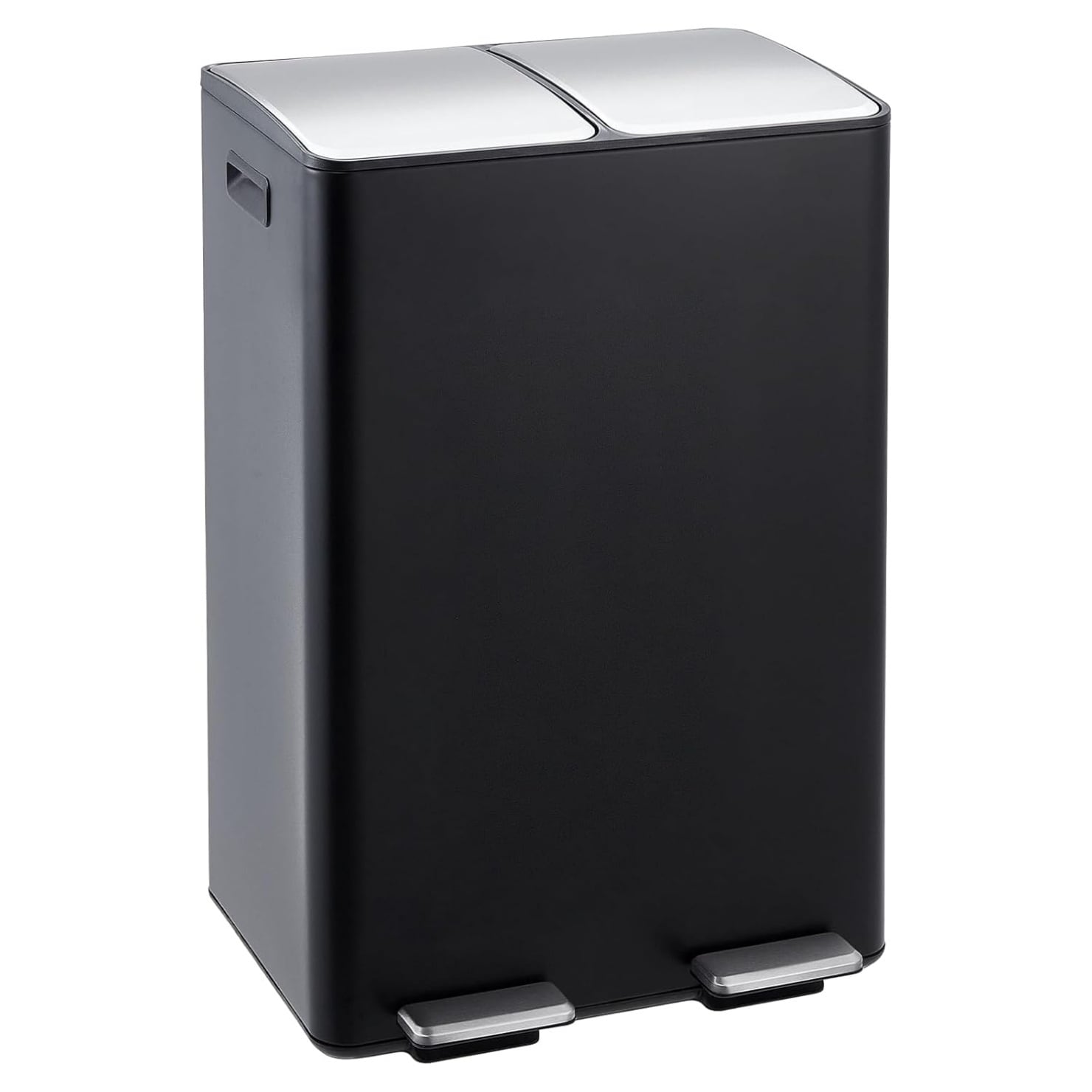 IdealHouse 16 Gal Black Dual Kitchen Trash Can/ 2 x 30L Stainless Steel Garbage Can with Lid/ Double Compartments and Inner Bucket/ Step-On Metal Trash and Recycle Combo for Home and Office