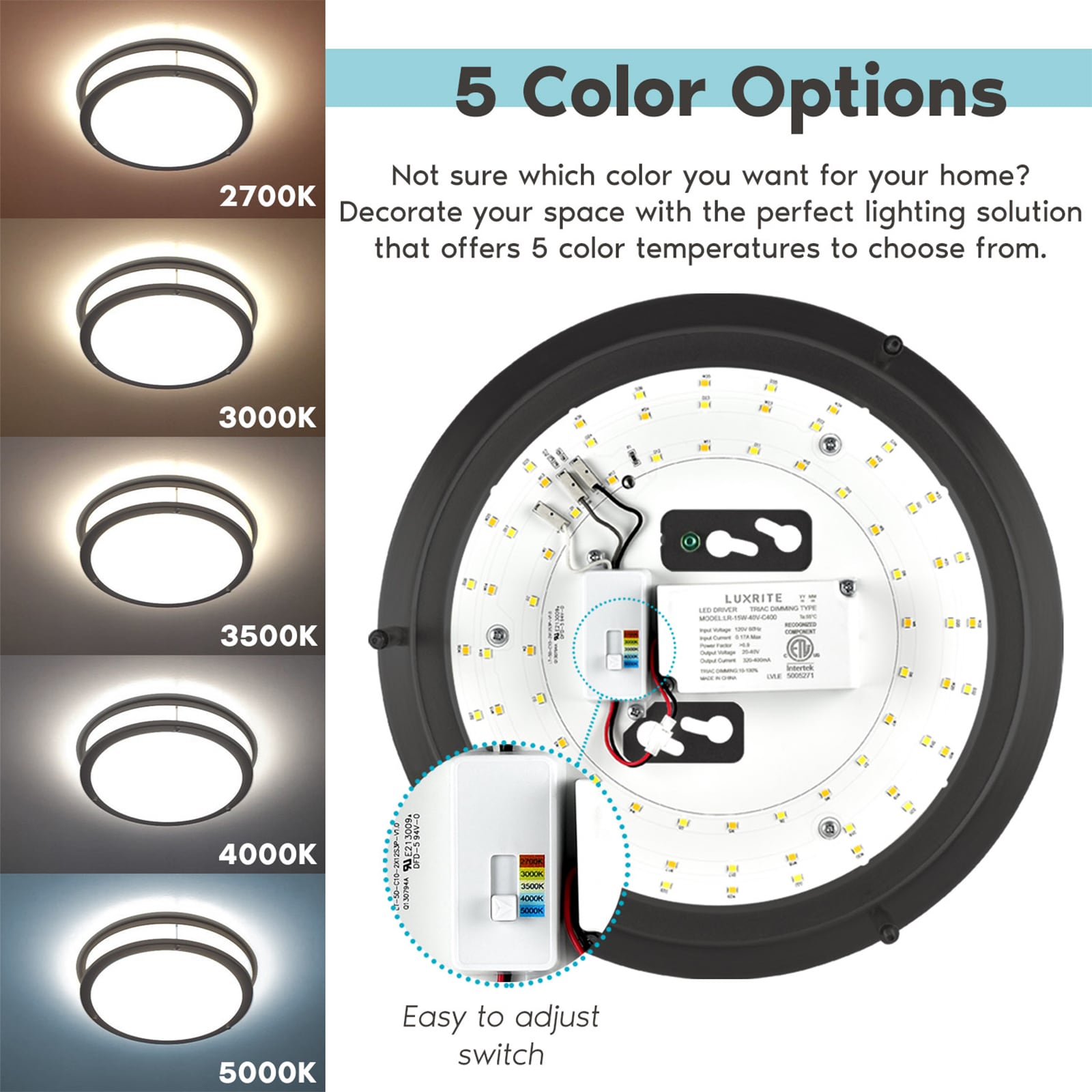 Matte Black 14" LED Flush Mount Ceiling Light with Color Temperature Control
