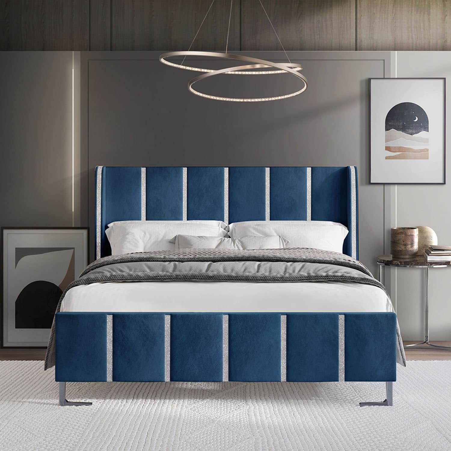 CasePiece C8384QUB-NBL-VV Navy Blue Queen Wood Upholstered Bed