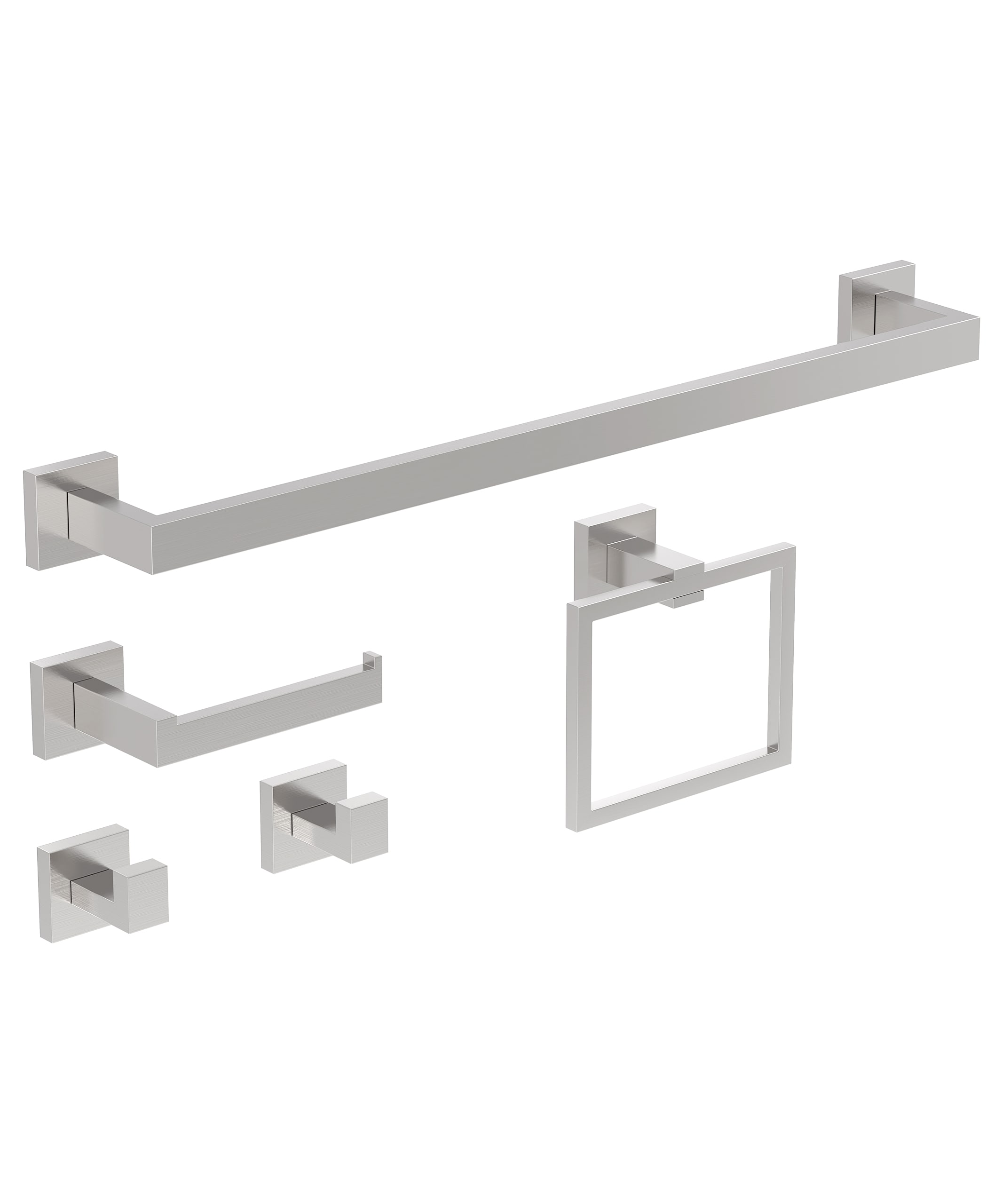 BWE A-91012-S-N-2 5 -Piece Urban Stream Brushed Nickel Decorative Bathroom Hardware Set Towel Bar, Toilet Paper Holder, Towel Ring ,Robe Hook Included