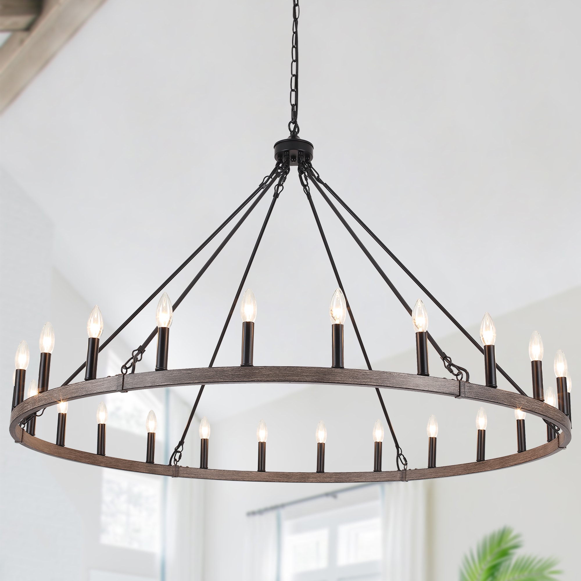 Zjvaive 52 Inch 24-Light Black And Brown Bare Bulb Wagon Wheel Farmhouse Chandelier for Multiple Living Spaces
