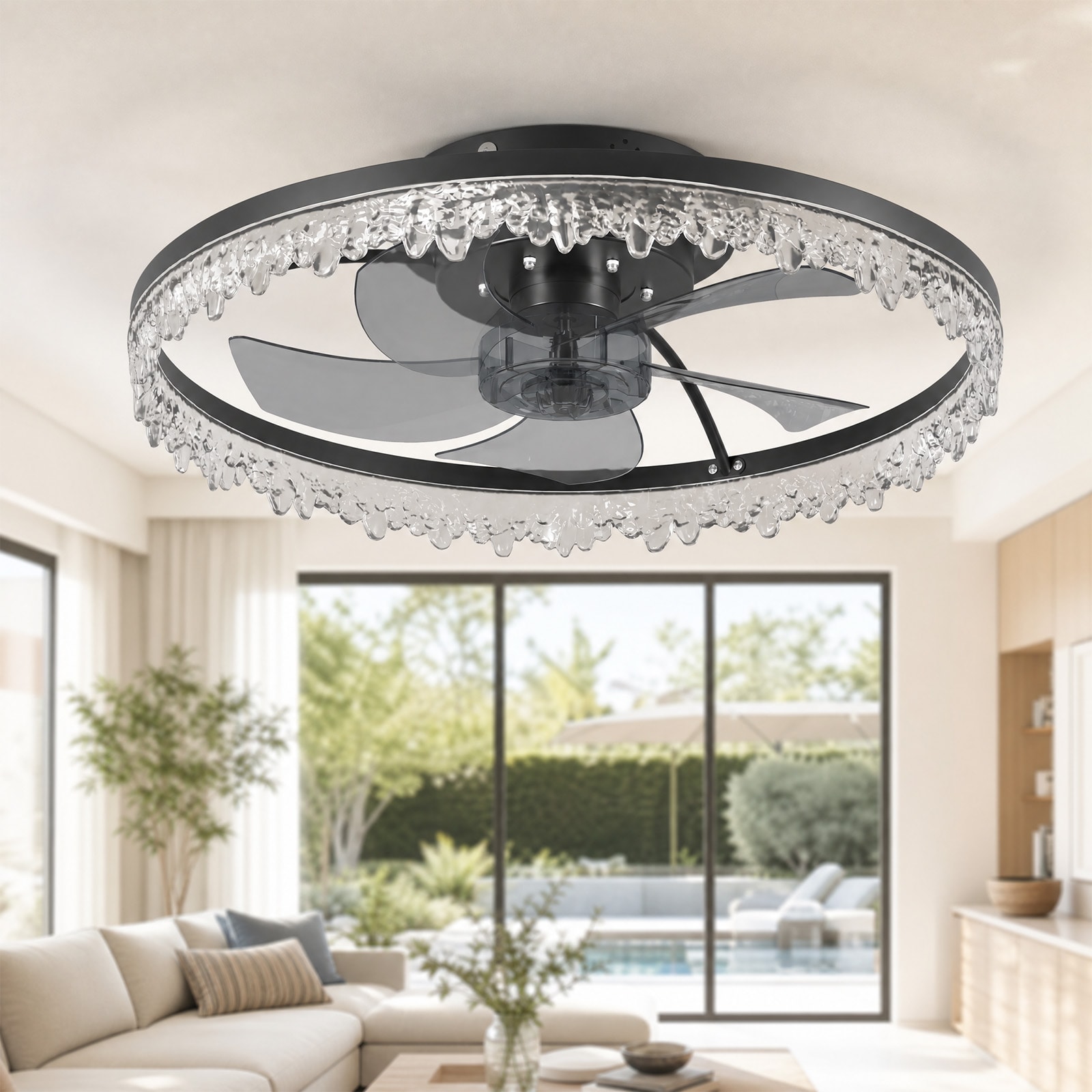 kanslol 20-in. Black Crystal Ceiling Fan with Light Living Room and Dining Room