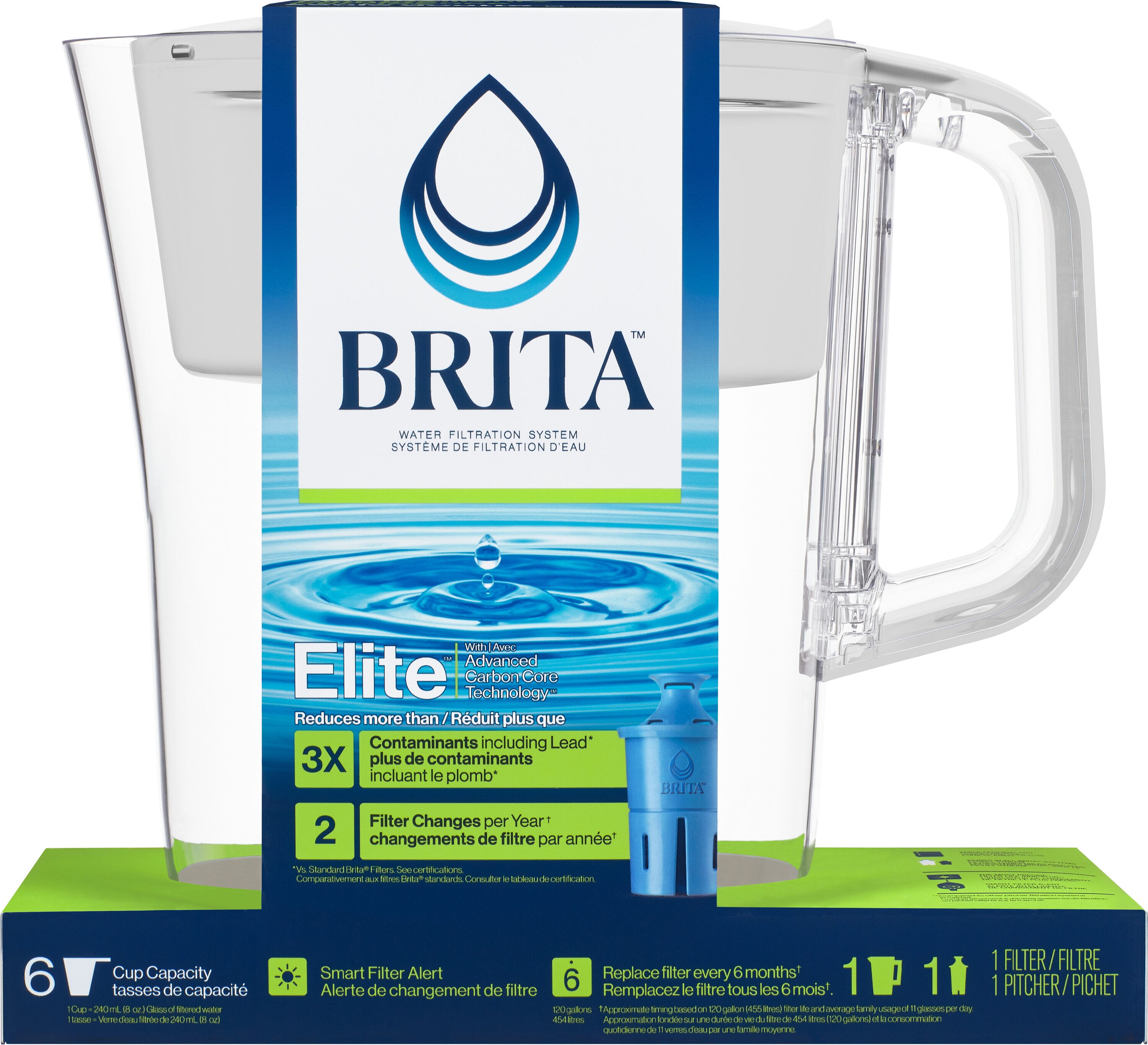 Petit pichet de filtration d’eau Brita® d’une capacité de 6 tasses avec 1  filtre Brita® standard, sans BPA, modèle Denali noir De l’eau filtrée au
