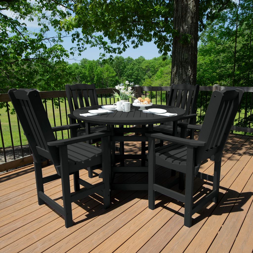 highwood AD-CNL48-BKE The Lehigh 5 -Piece Black Bistro Patio Dining Set Plastic Round Table with 4 Stationary Chairs