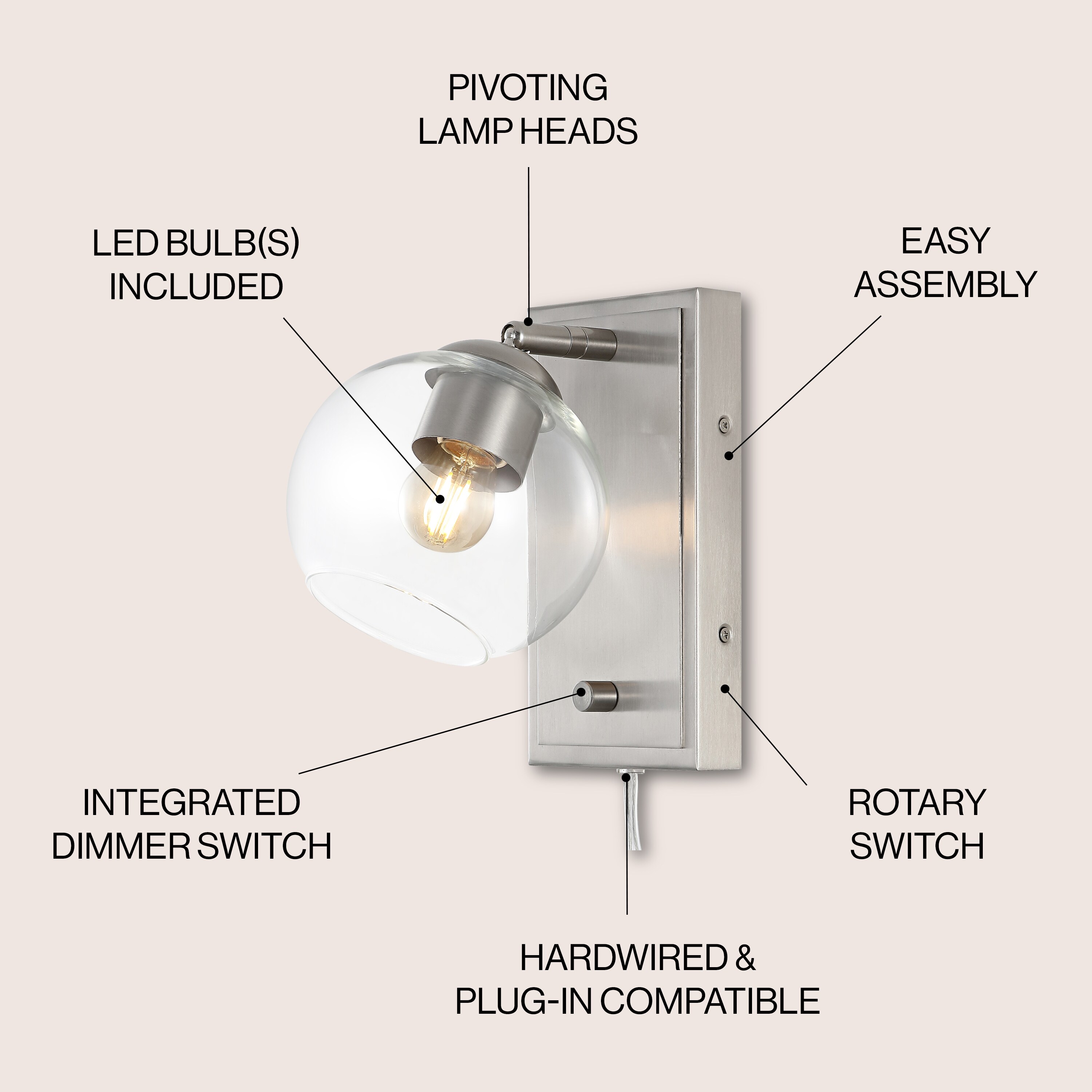 Nickel 1-Light Adjustable Glass Globe Wall Sconce