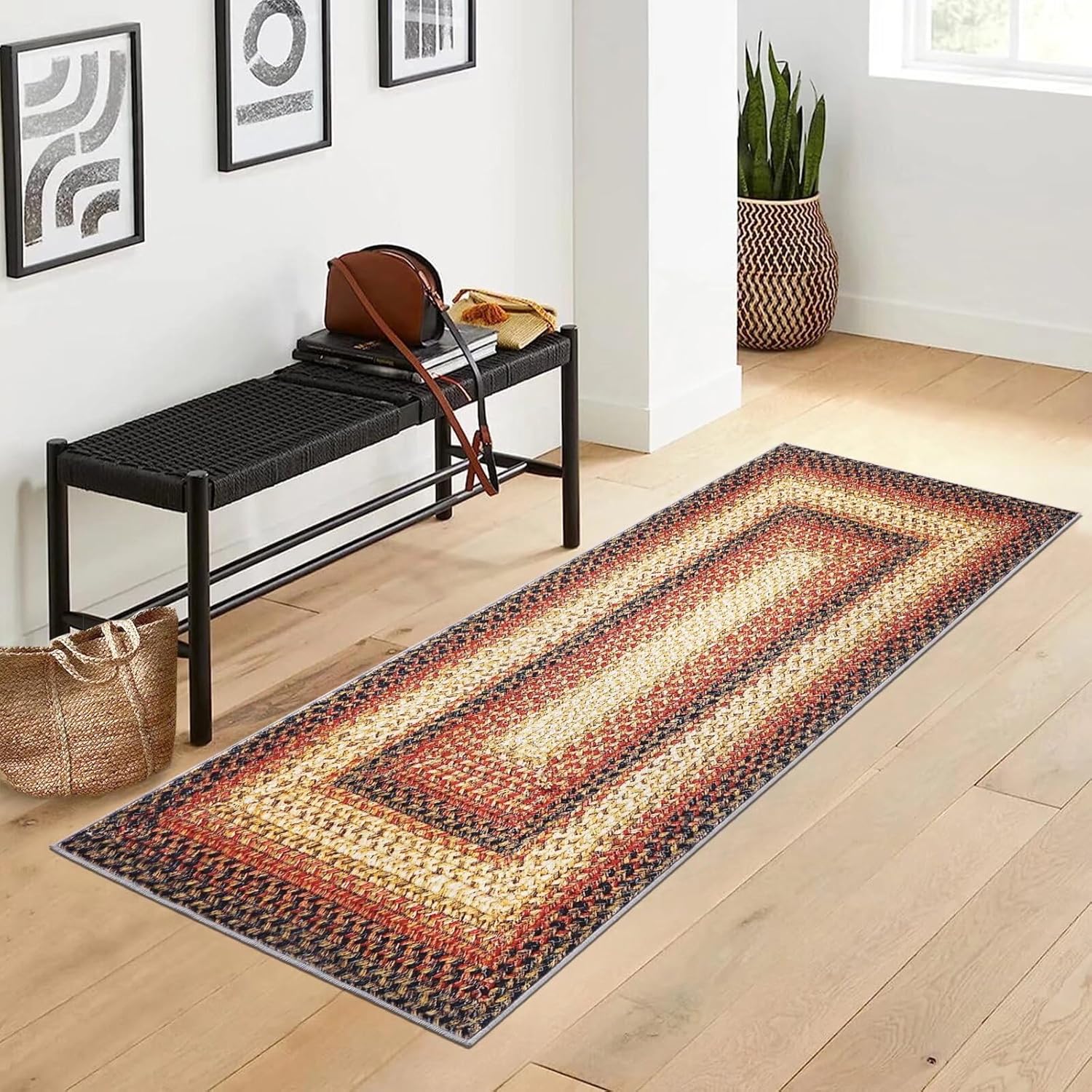 Garvee 2 x 6 FT Red Multicolor Floral Braided Rug Runner Machine Made Low Pile Washable Non Slip Foldable Kitchen Indoor