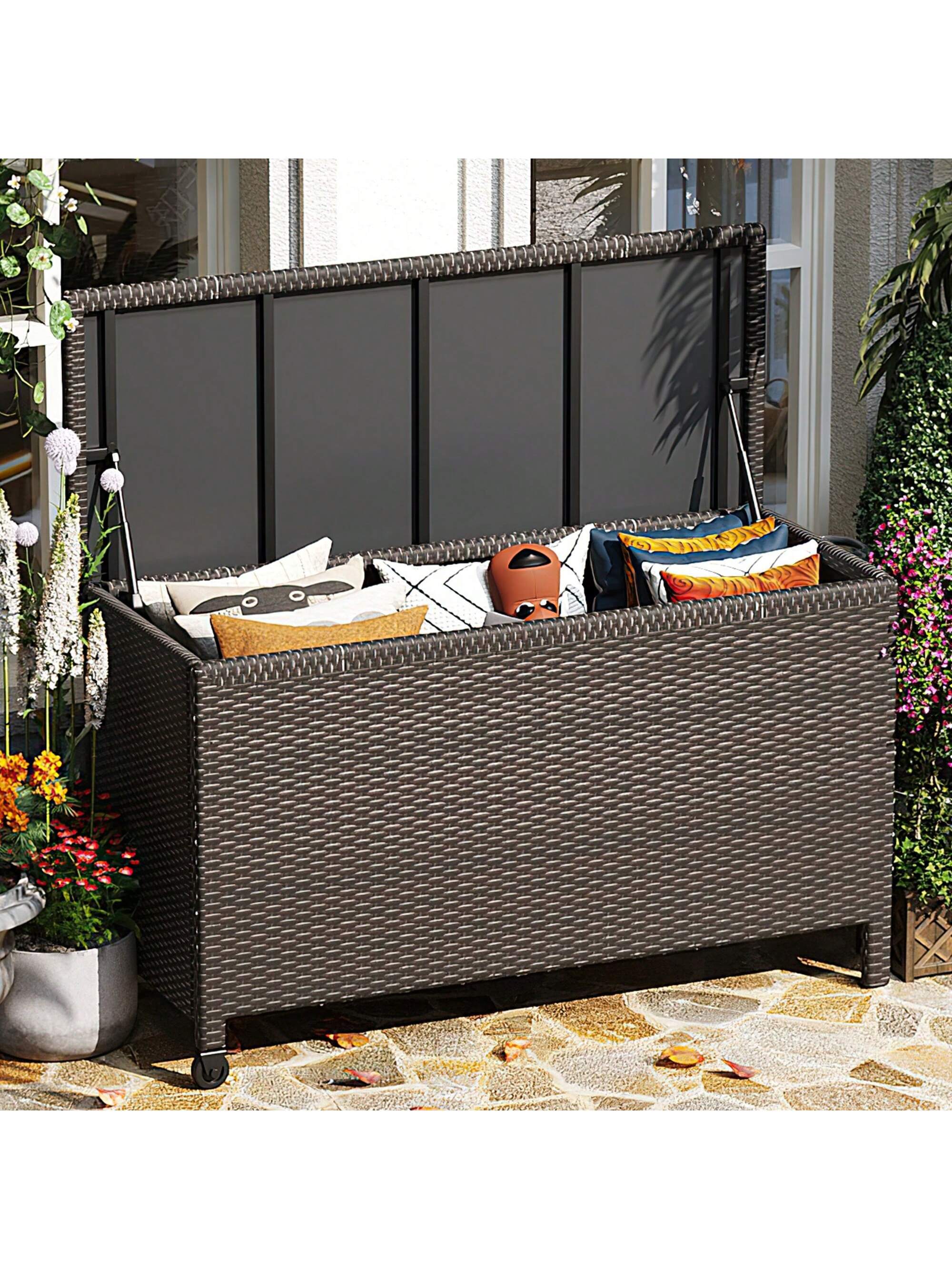 Qeetex PHO-12DQOU3O-HF4 Brown 125 Gallon Large Deck Box Waterproof PE Rattan Outdoor Storage Box with Handles and Wheels. Storage Bin for Garden. Balcony. Porch. Pool. Yard