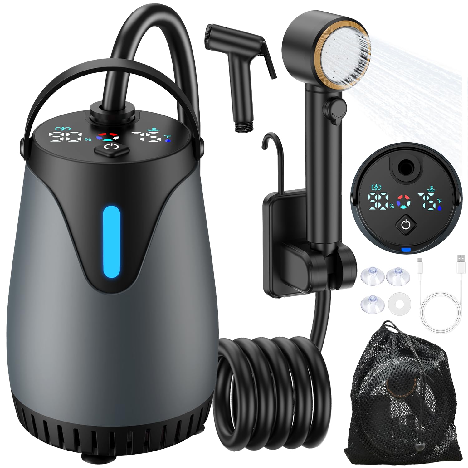 Vrbgify  Portable Shower for Camping with renewable power power cell LED Display 5 Pressure Settings 4 Spray Modes IPX8 Waterproof