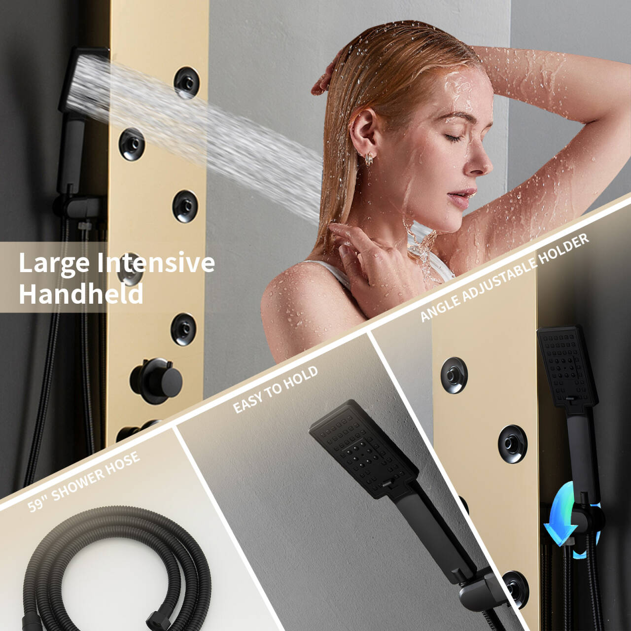 Gold Brushed 4-Jet Rainfall Shower Panel System with Handheld Wand