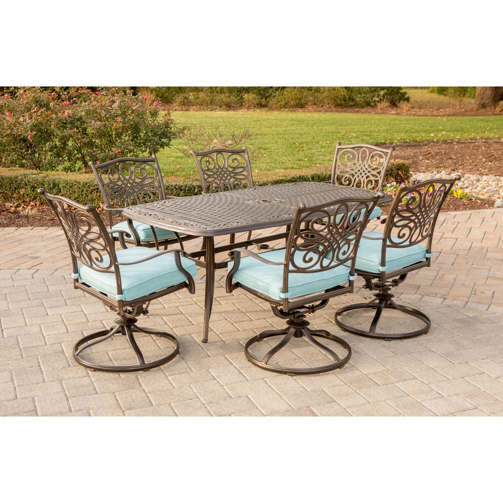 Bronze Aluminum Outdoor Dining Set with Blue Cushions
