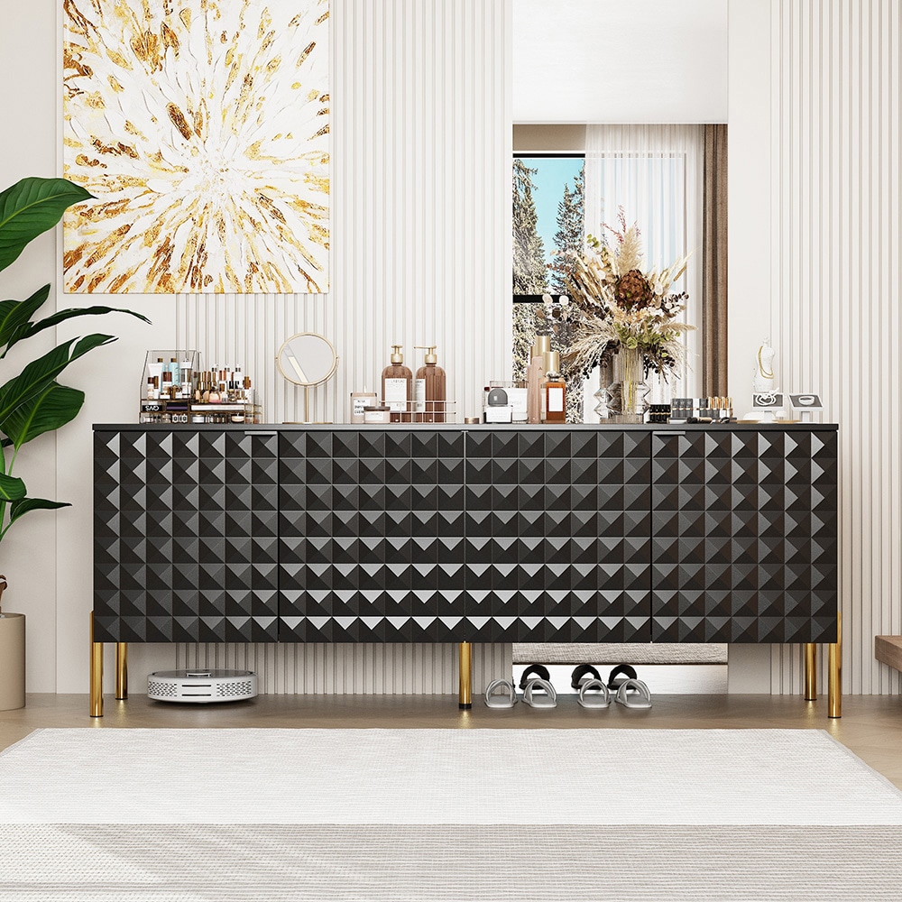 Homsee V-KF210333-01 Modern Black 55 Inch Sideboard Cabinet with 3D Textured Doors Gold Metal Legs and Storage for Dining Room Entryway or Living Room