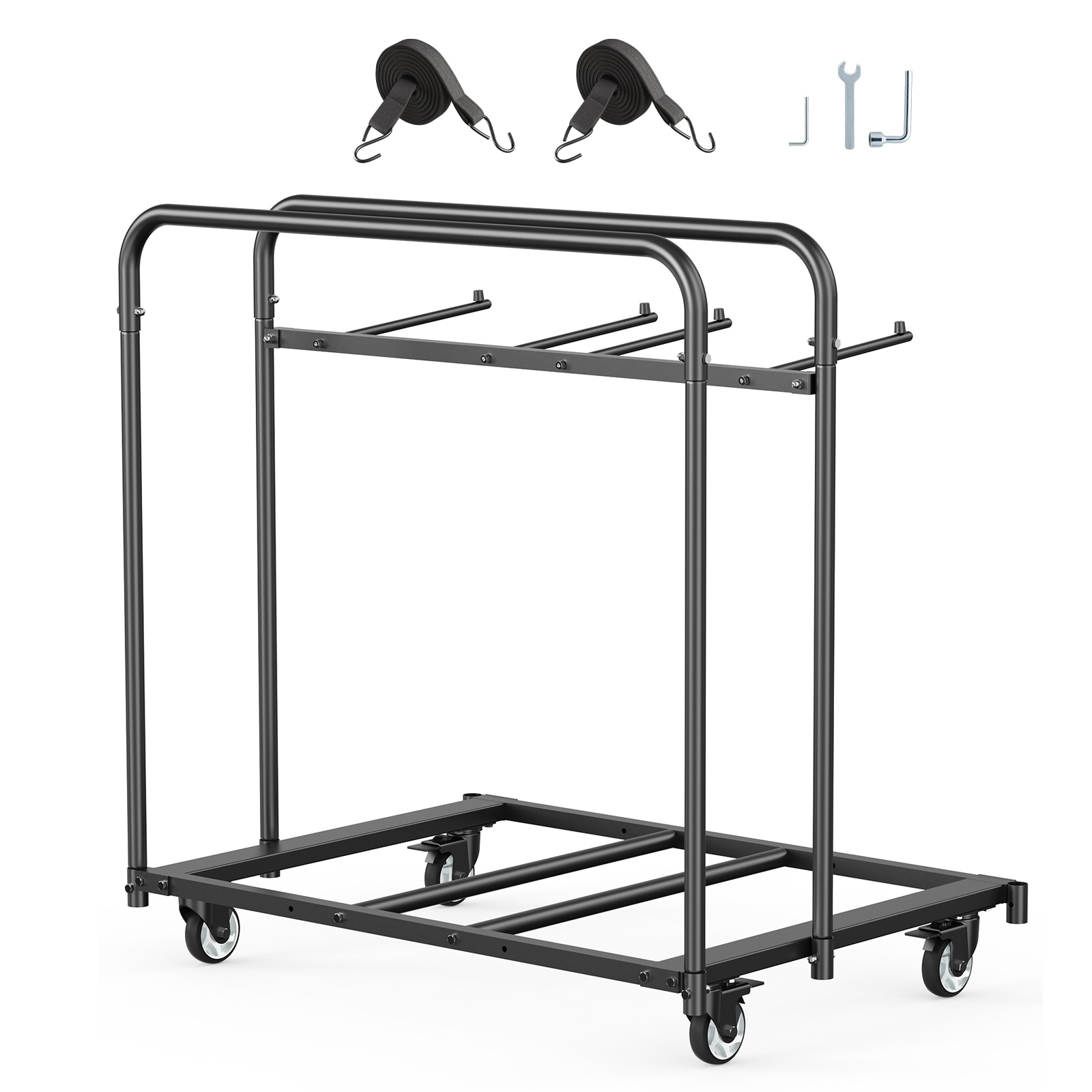 GIVIMO Indoor/Outdoor Steel Folding Chair and Table Storage Cart with 400-lb Capacity for Up to 14 Chairs and 5 Tables Adjustable U-Shaped Bar Removable Hanging Rod 5-m Fastening Strap Swivel Casters with Brakes Matte Black