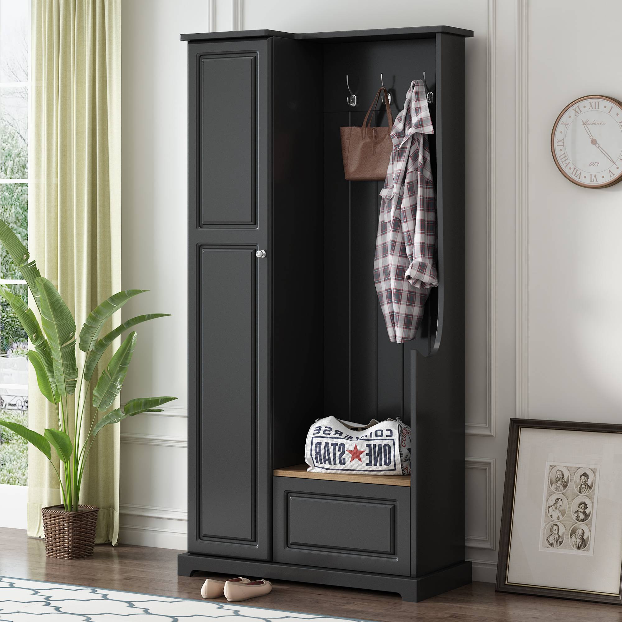 Yiekholo Casual 35.55-in Black Wood Hall Tree