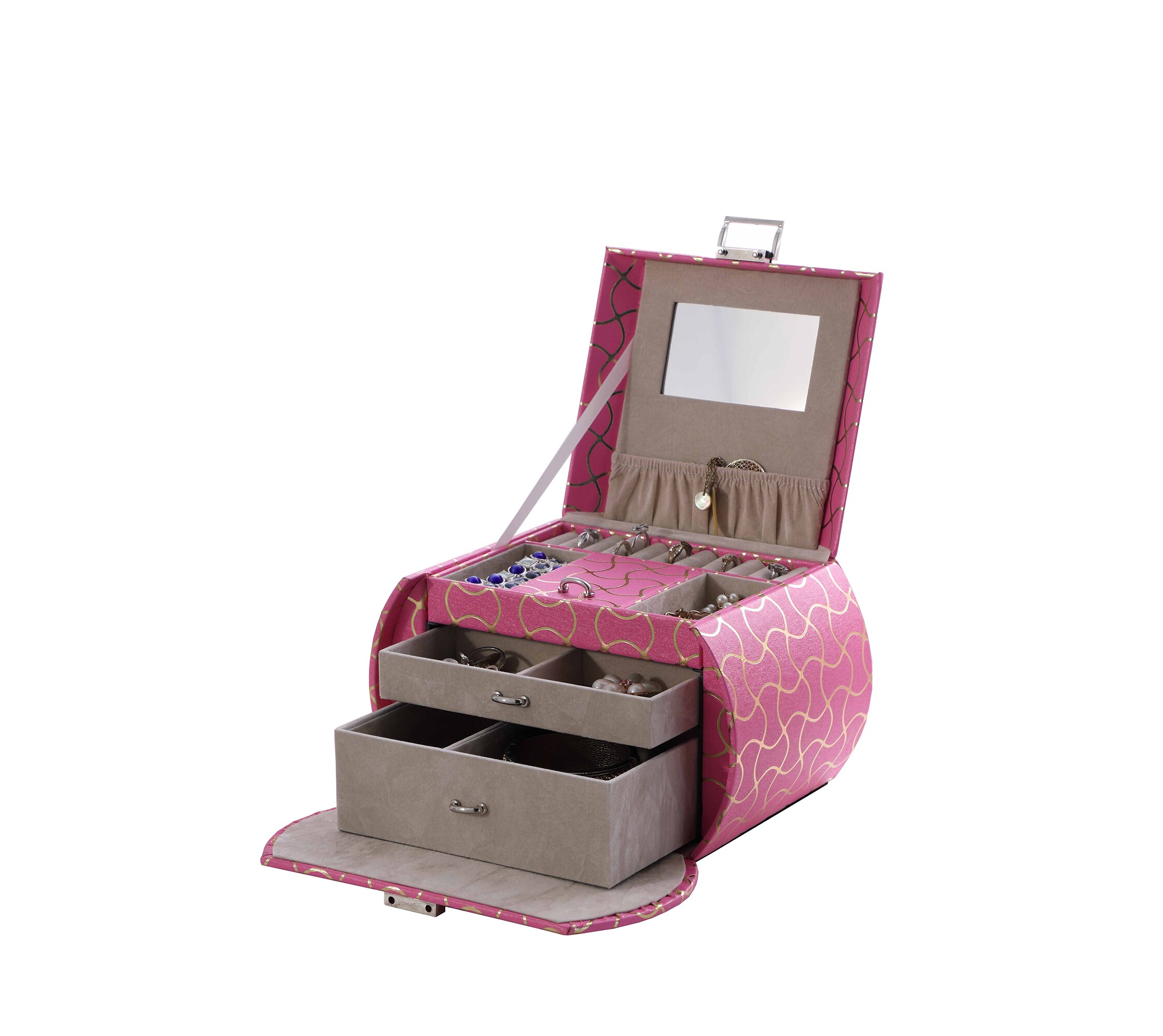 Latitude Run Large Leather Jewelry Box/Case/Storage/Organizer with Travel Case and Lock (Pink) Latitude Run Finish: Black