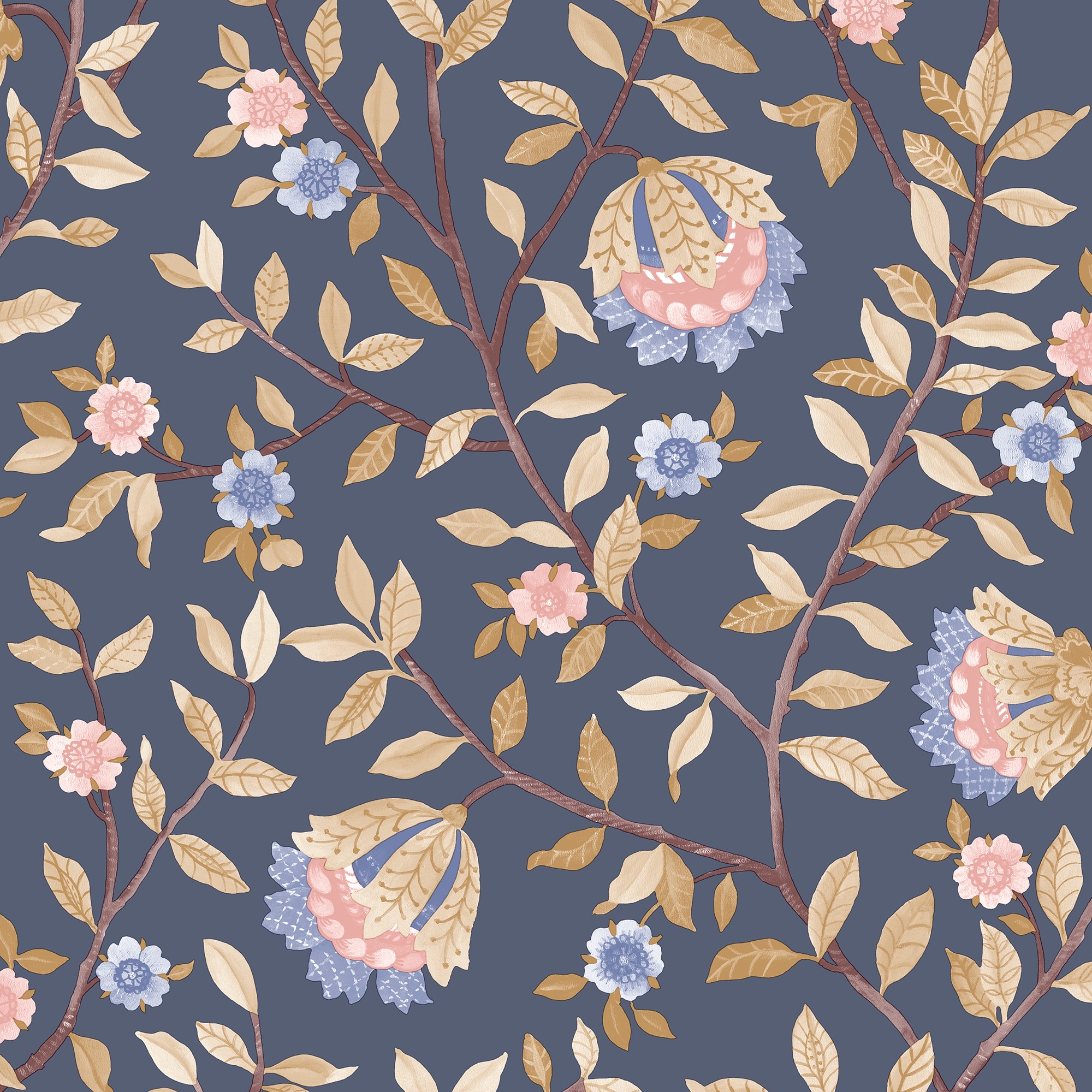 Veer Decor Vintage Botanical Blooms Navy Wallpaper Sample