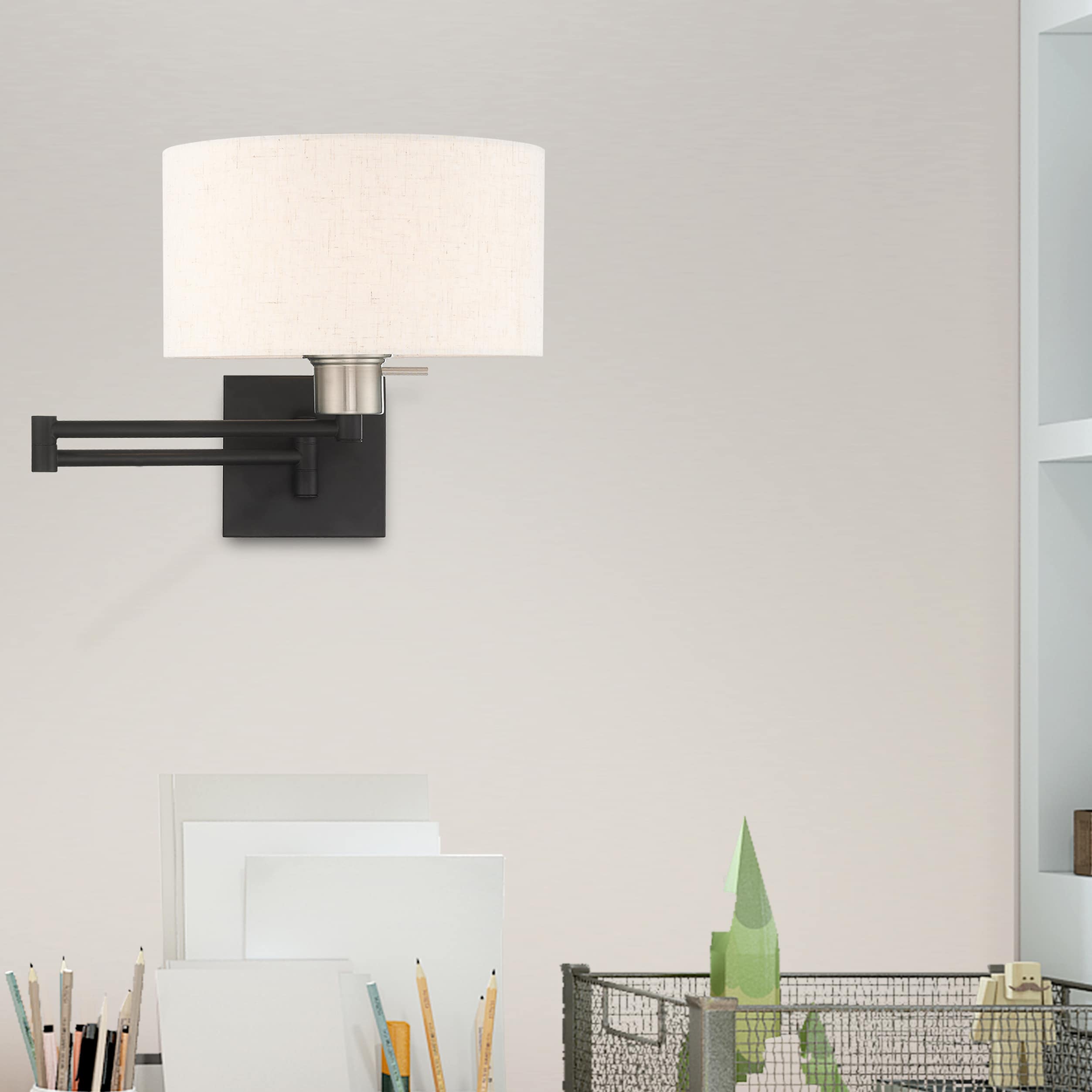 Black Steel Swing Arm Wall Lamp with Oatmeal Fabric Shade
