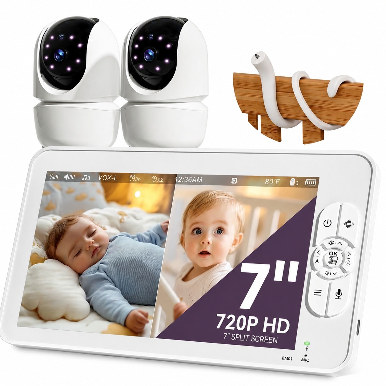 Vrbgify  7 Inch HD Split Screen Baby Monitor with Two 1080P Cameras 48 Hour power cell Life Flexible Mount Two Way Audio Remote Pan Tilt Night