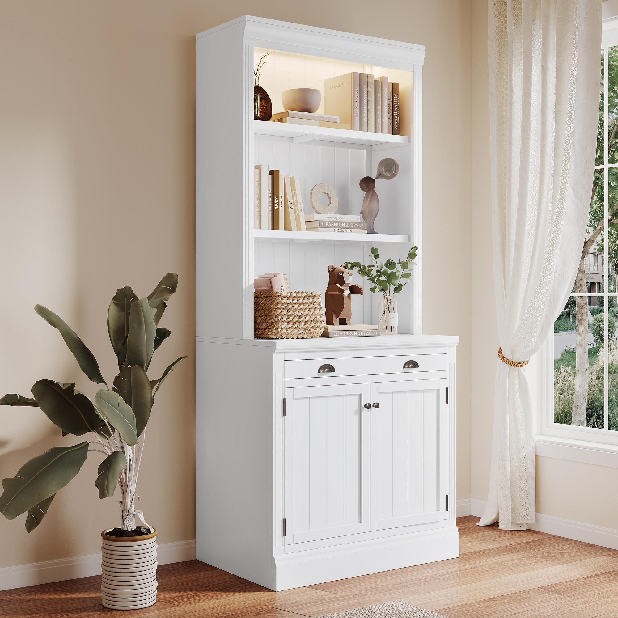 LOVMOR SF-Y-SR000002AAK 83.4inTall Bookshelf with LED Lighting Modern Bookcase with 2 Doors and 1 DrawerStorage Bookcase with Open Shelves for Living RoomHome OfficeWhite