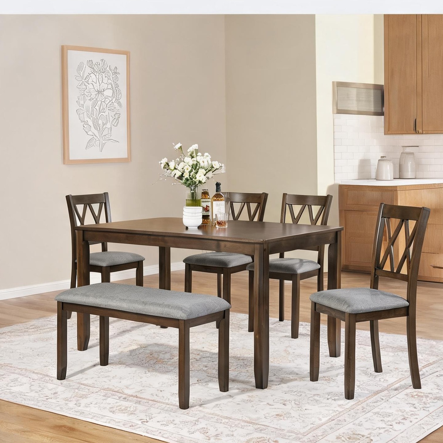 Watnature Rich Brown Wooden Dining Set with 4 Chairs and Bench for 6 ...