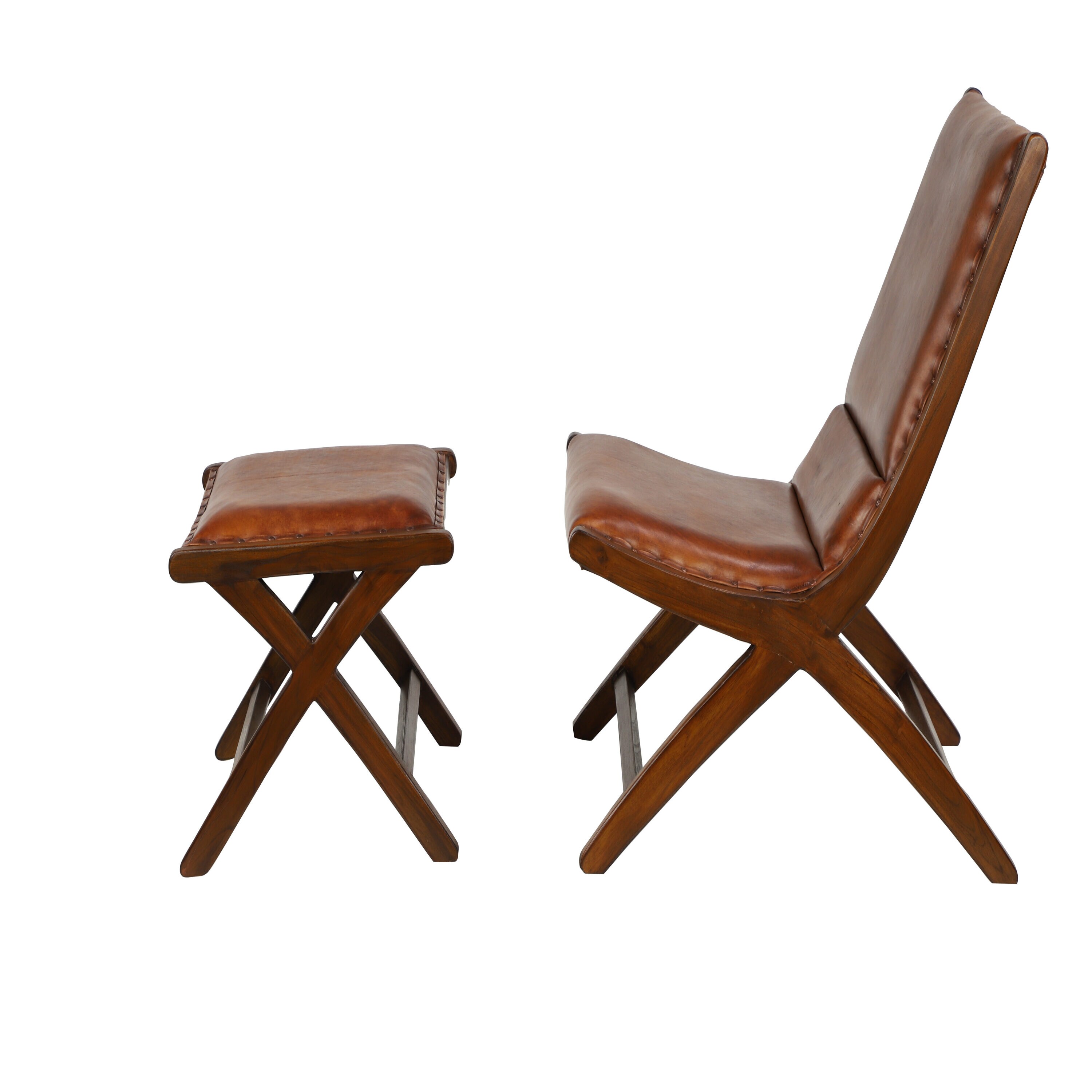 Set of 2 Brown Teak Wood Leather Accent Chairs with Ottoman
