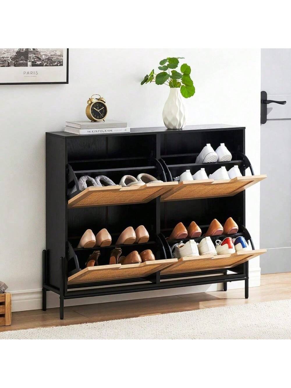 Qeetex PHO-0Y1VYWGJ-HF4 Black Black Rattan Shoe Cabinet with 4 Flip Top Drawers. 3 Tier Adjustable Shelves. Metal Legs. Freestanding Hidden Modern Shoe Rack with Anti Tip Function. Suitable for Entryway. Living Room. Hallway