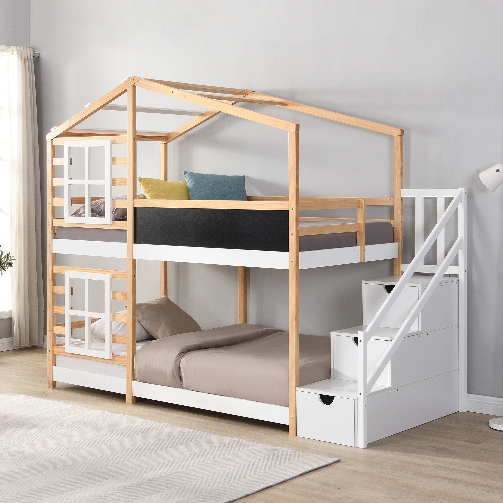 HyperDrop Cart Twin over Twin Solid Wood Playhouse Bunk Bed Frame with Roof Window Blackboard and Storage Ladder for Bedroom