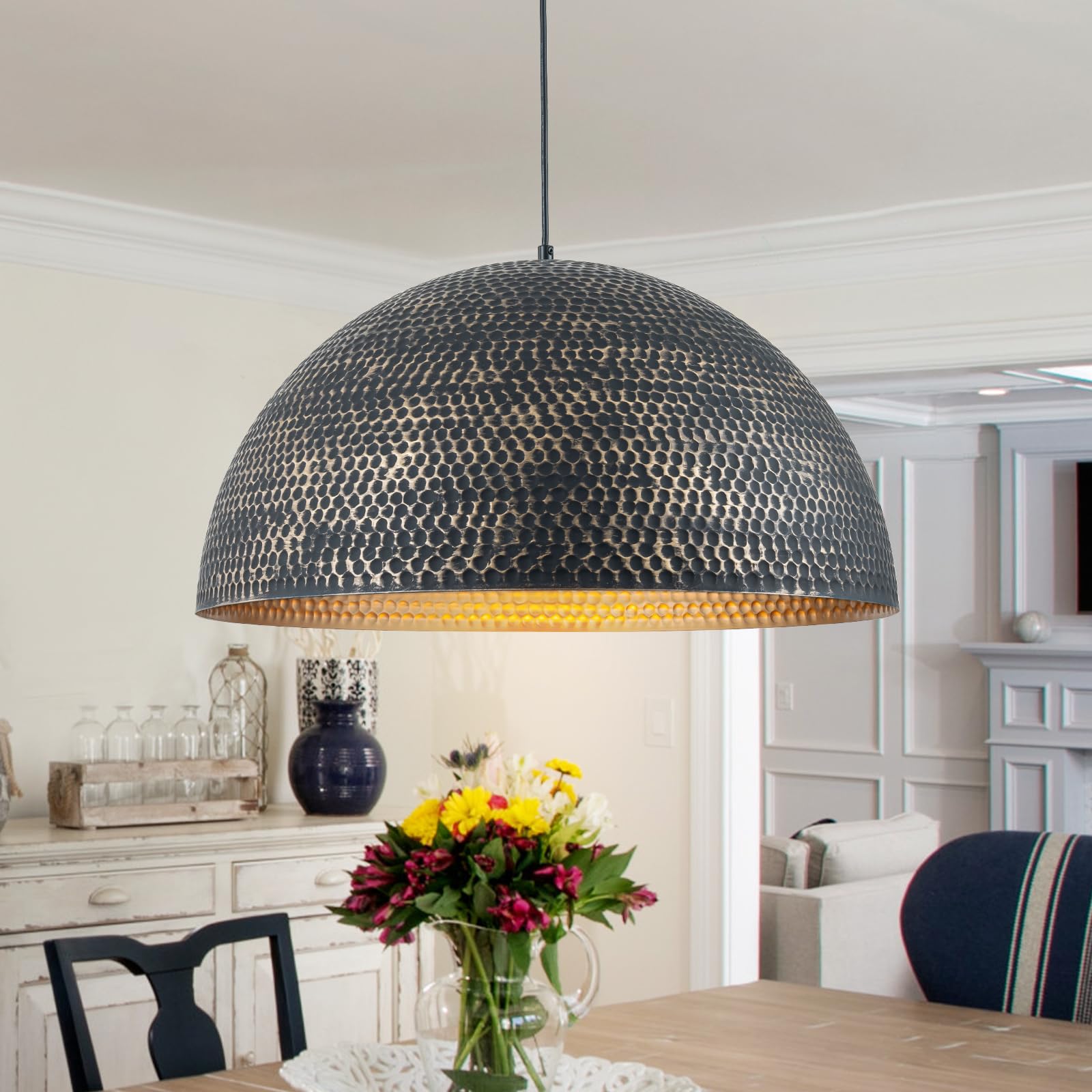 Yichuhaoxi  23.6 in Black and Gold Hammered Metal Dome Pendant Light Fixture for Kitchen Island Dining Room durable home and