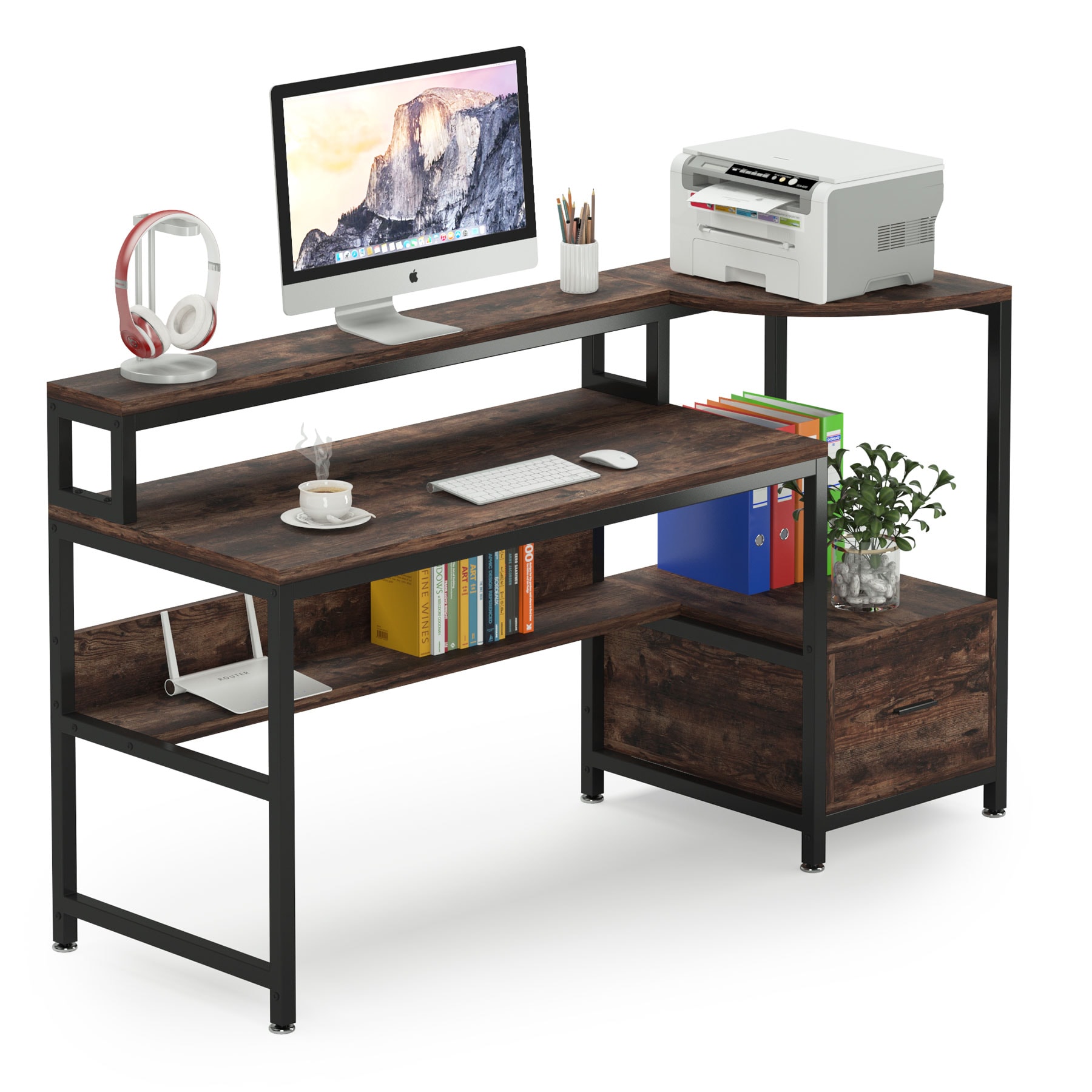 Tribesigns Computer Desk, 63 Office Desk with Drawers & Monitor Stand