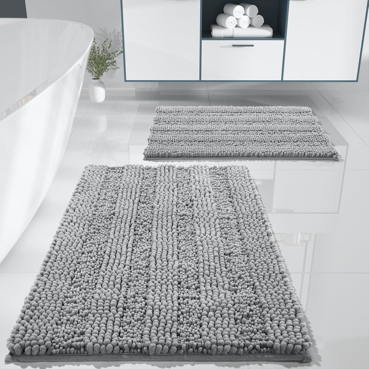 Yimobra Chenille Bathroom Rug Set 2 Piece Soft Absorbent Non Slip Machine Washable Quick Dry for Floor Sink Tub and Shower 32x20 Inch and 24x17 Inch Gray