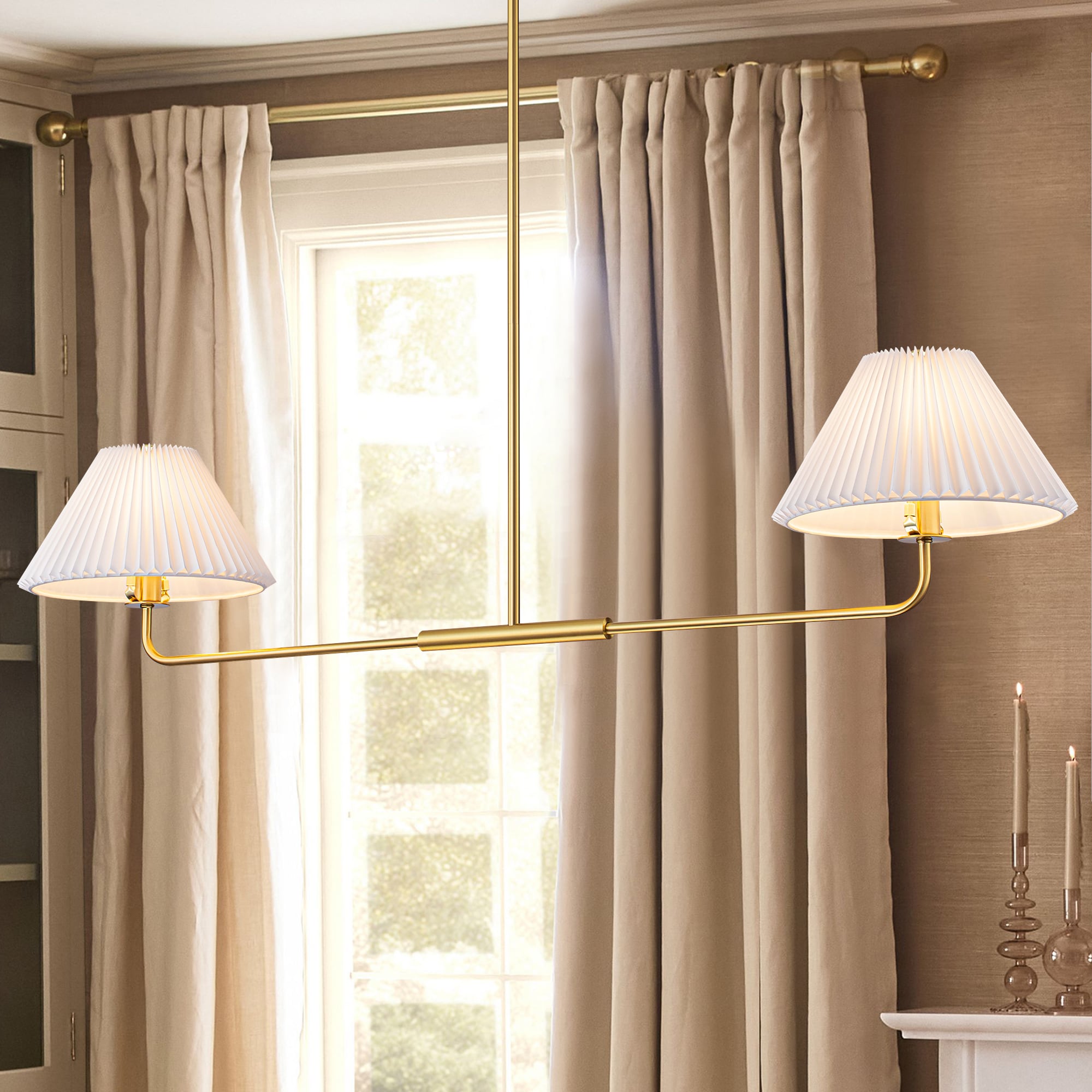 Rennnsan Remy 2 -Light Brass French country/cottage Fabric Linear Large Hanging Kitchen Island Light