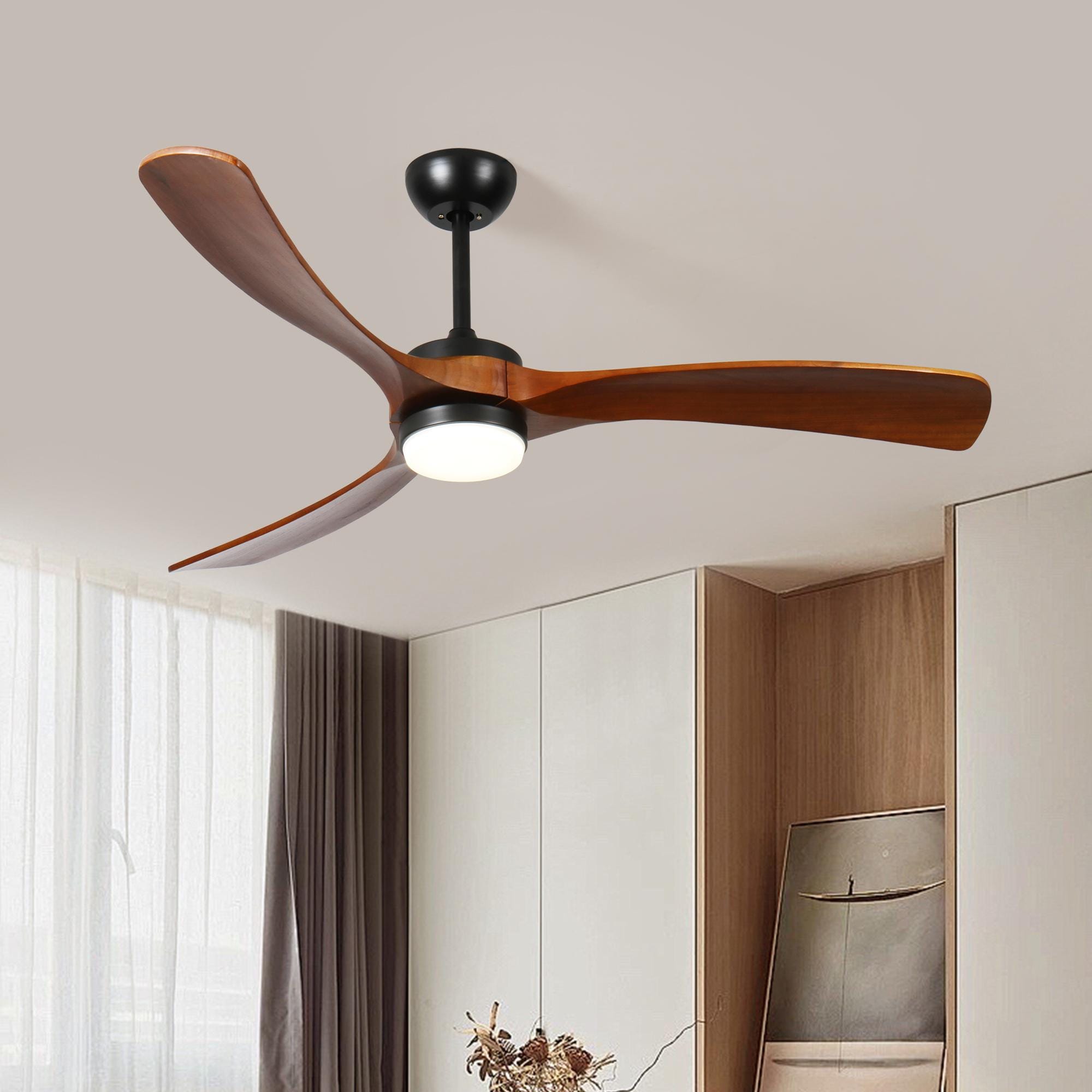 Bayfeve BFRF-54290-CF Adjustable Speed 60-in Color-Changing Integrated LED Outdoor Black with Walnut Solid Wodd Blades Ceiling Fan With Light - Remote Included ( 3 -Blade )