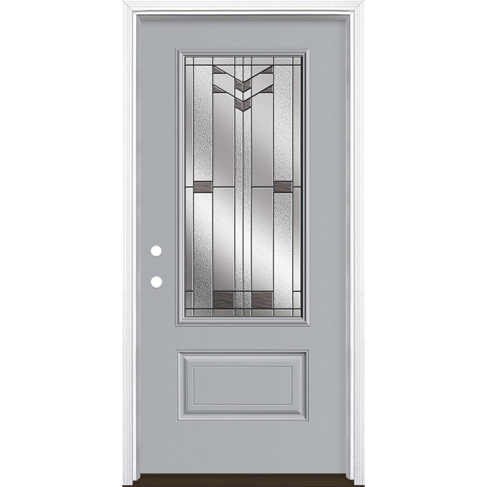 Masonite 3420342 Frontier 36-in x 80-in x 4-9/16-in Fiberglass 3/4 lite Right-hand inswing Infinity Gray Painted Prehung Front Door with Brickmould Insulating core