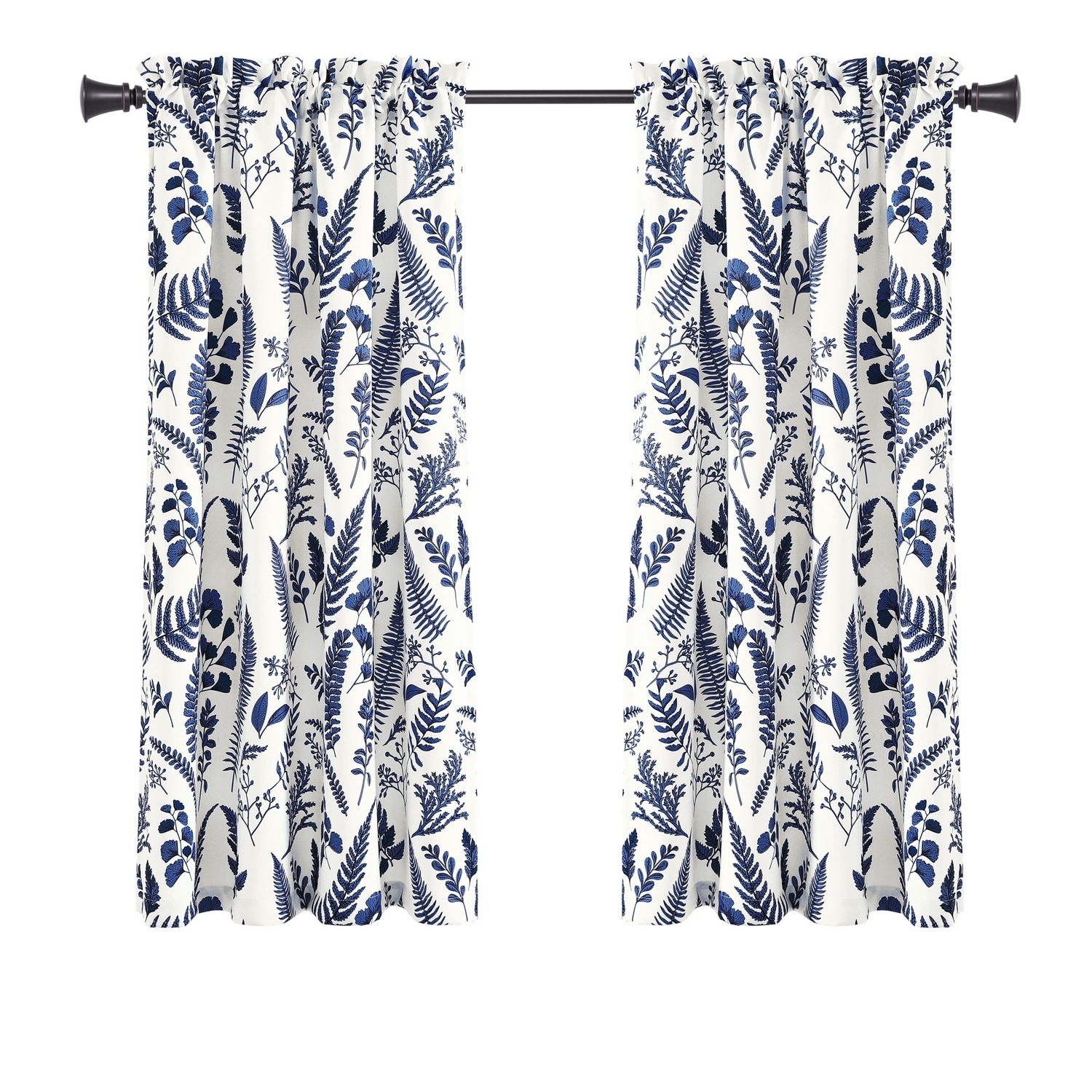 White and Navy Floral Polyester Light Filtering Window Panels