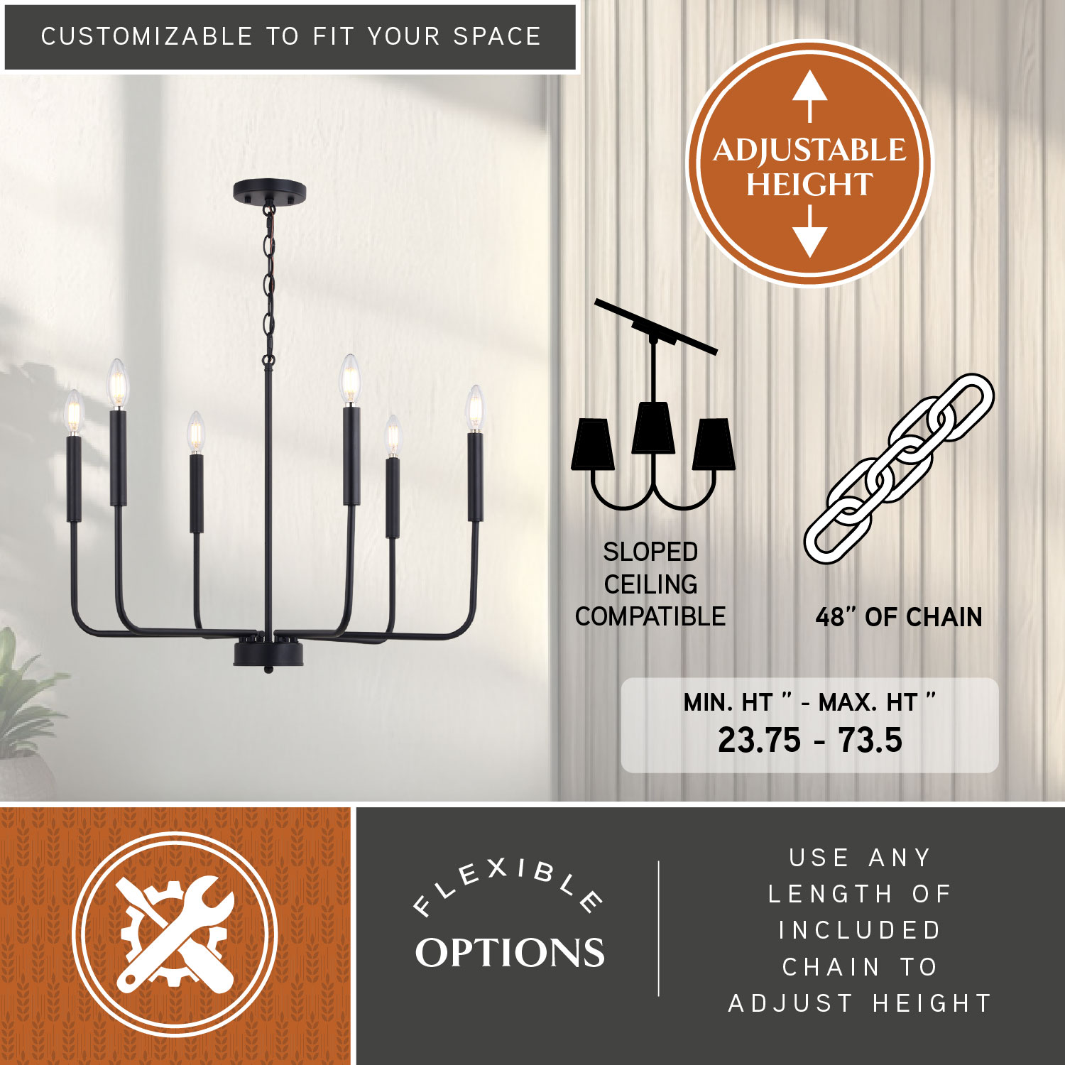 Belden 26" Black Metal 6-Light Candelabra Chandelier