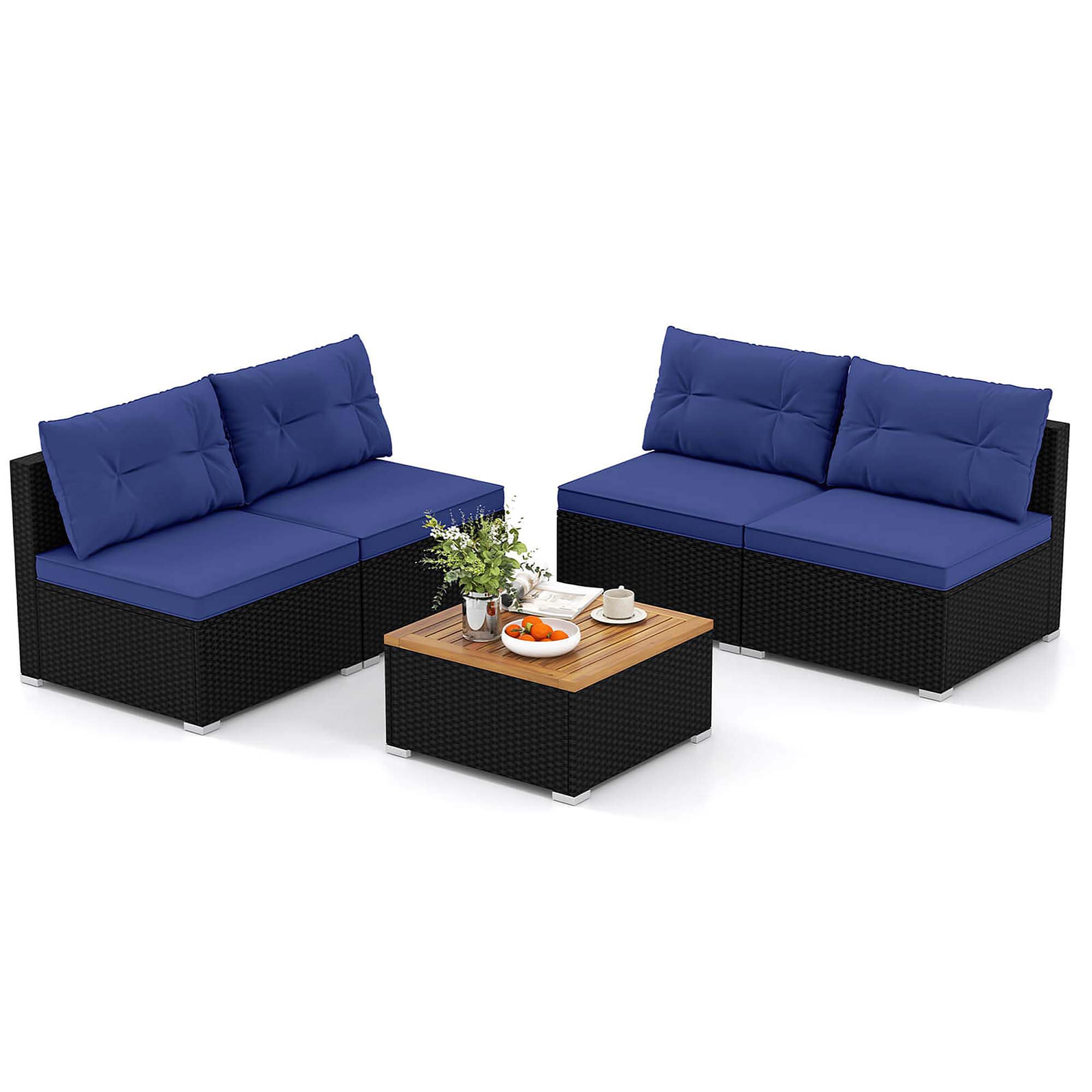 Costway HCST04942 5 -Piece Rattan 4 Patio Sofa Conversation Set with Blue Cushions