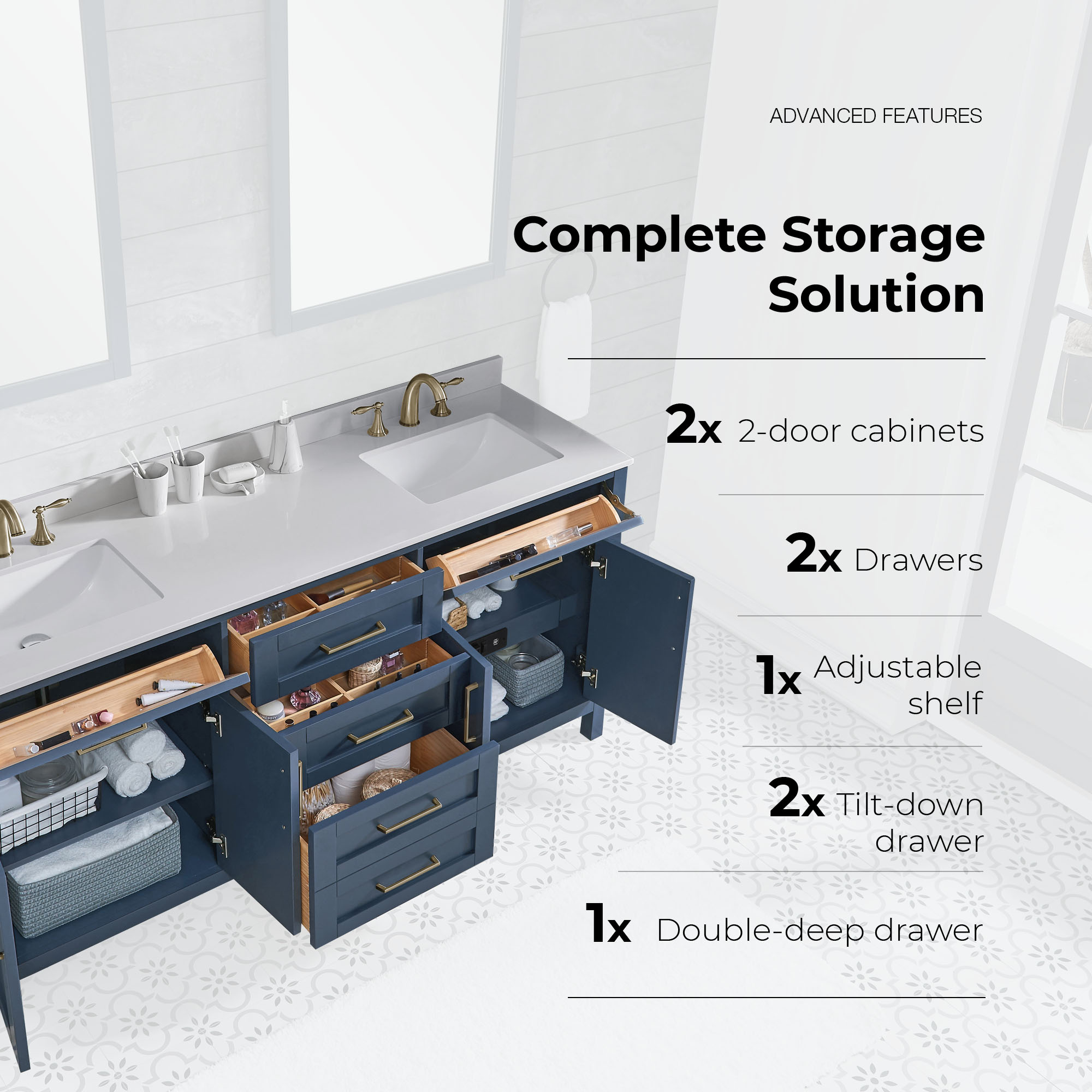 Tahoe 72" Midnight Blue Double Bathroom Vanity with Brass Hardware