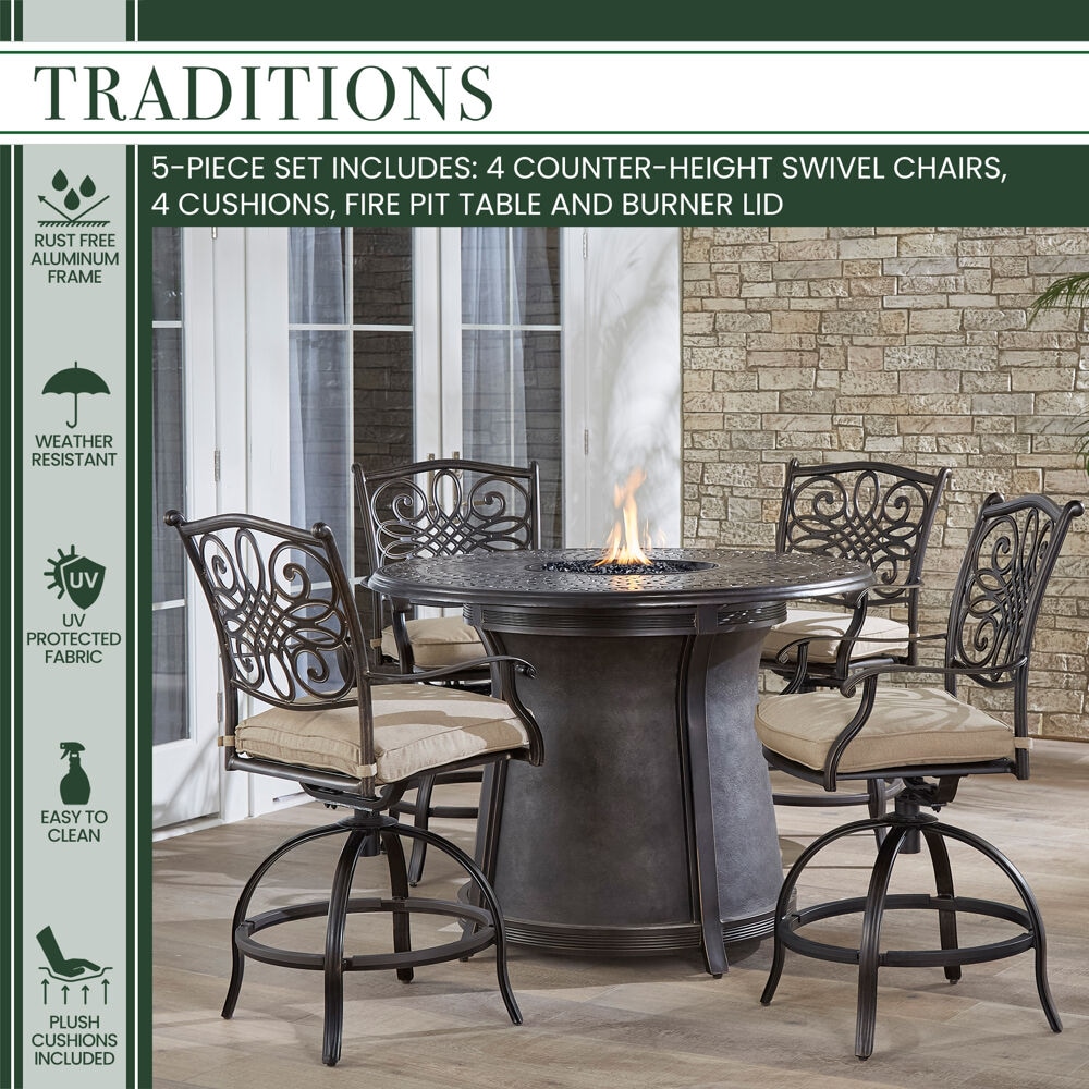 Tan Elegance 48" Aluminum High-Dining Fire Pit Set with 4 Swivel Chairs