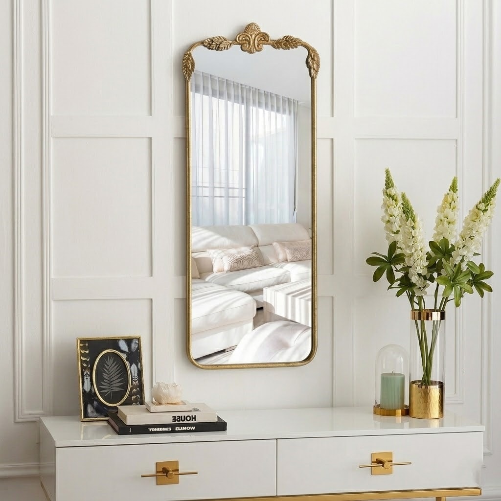 Elevatehome 16 in. W x 36 in. H Rectangular Antiqued Baked Gold Finish Iron Framed with Carved Accent Wall Mirror